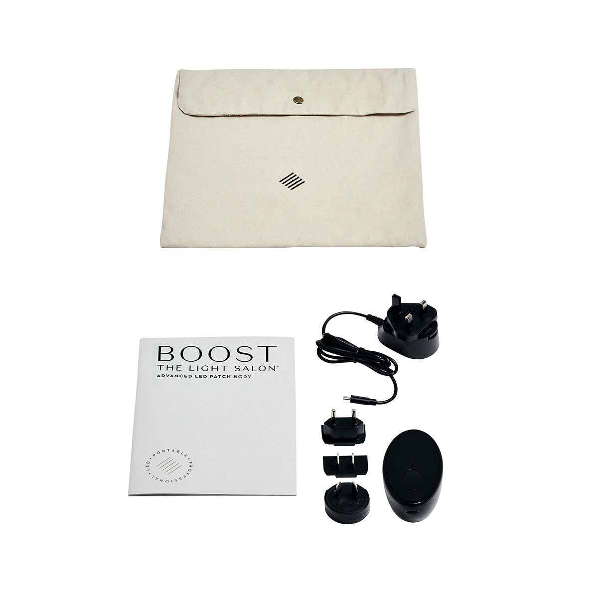 A travel bag, instrutions and power charging cords for Boost LED Body Patch