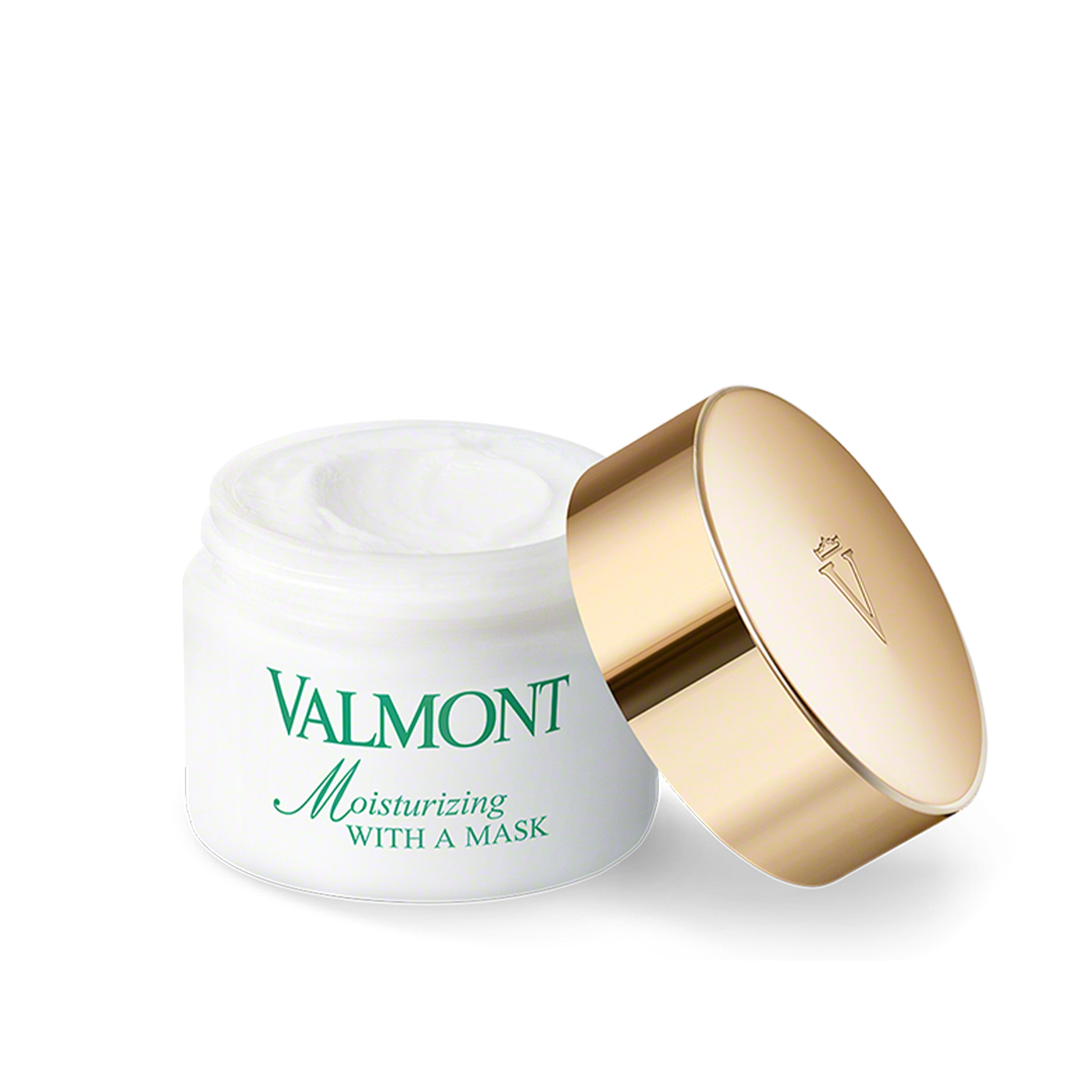 Valmont moisturizing cream jar with gold lid on a white background