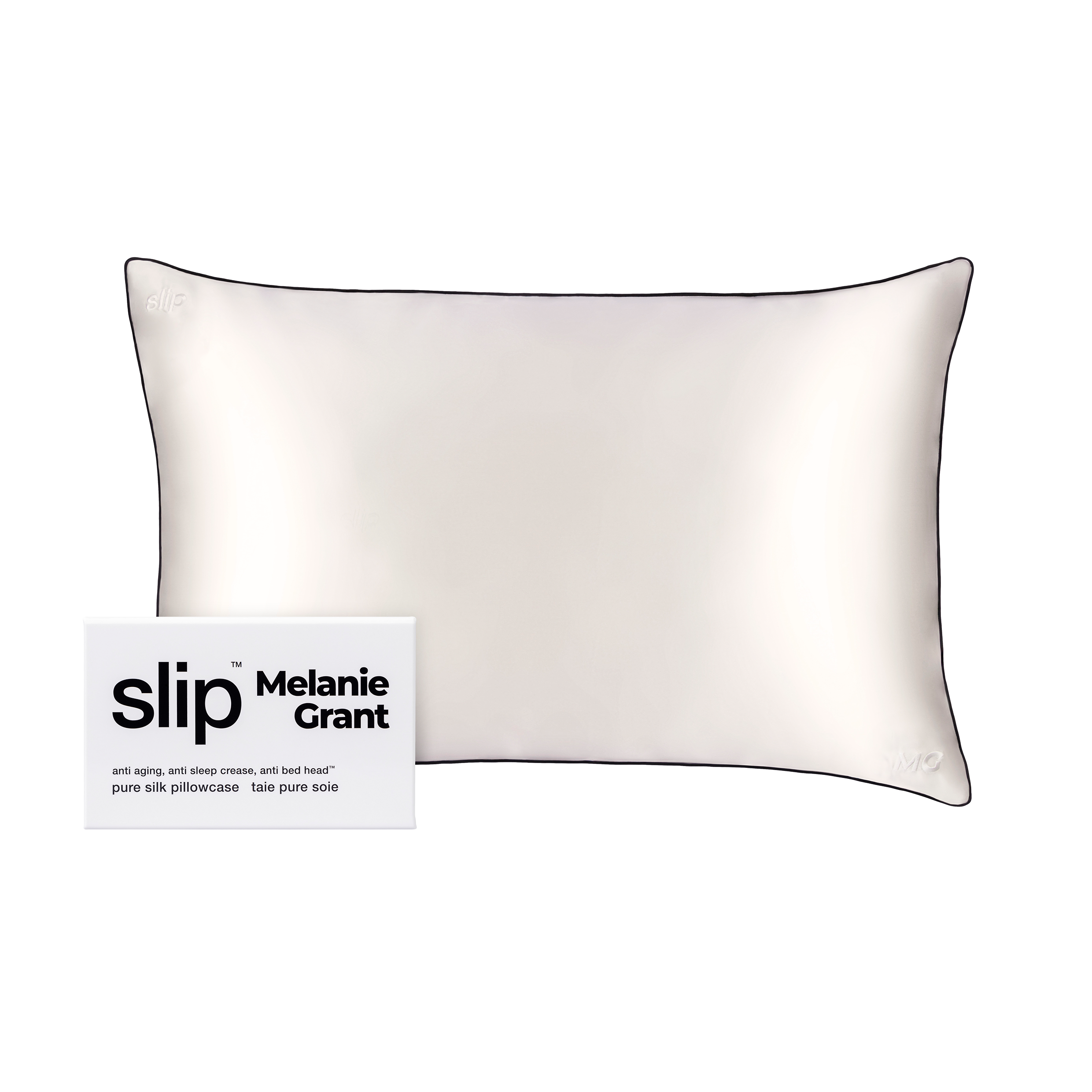 A silk pillowcase shown next to the box it is packed in.
