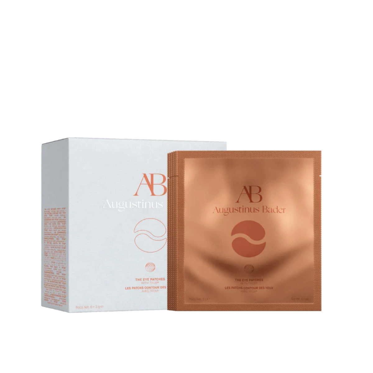 Packaging of Augustinus Bader The Eye Patches with one sachet displayed in front of the box.