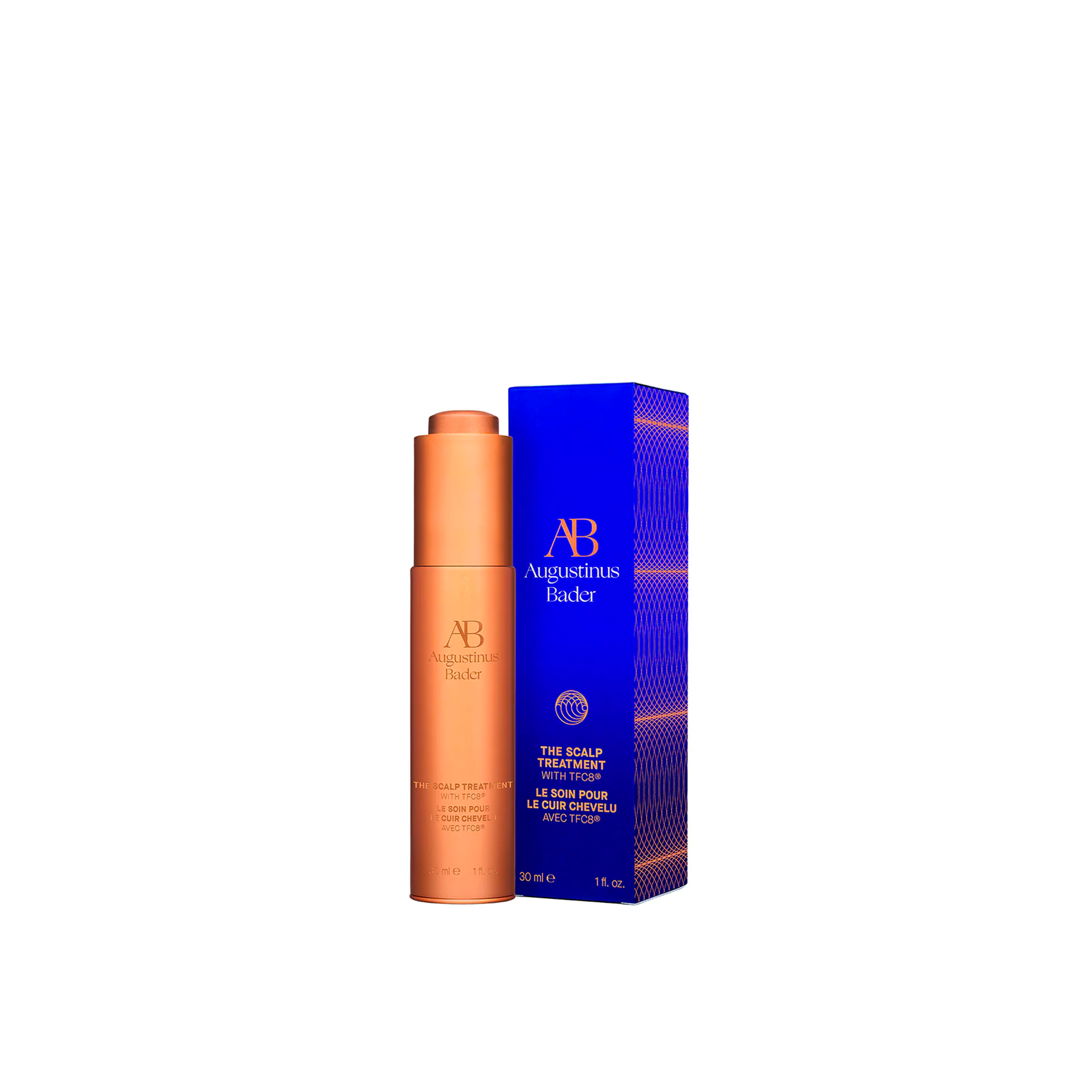 A bottle of Augustinus Bader The Scalp Treatment, shown next to it's box packaging.