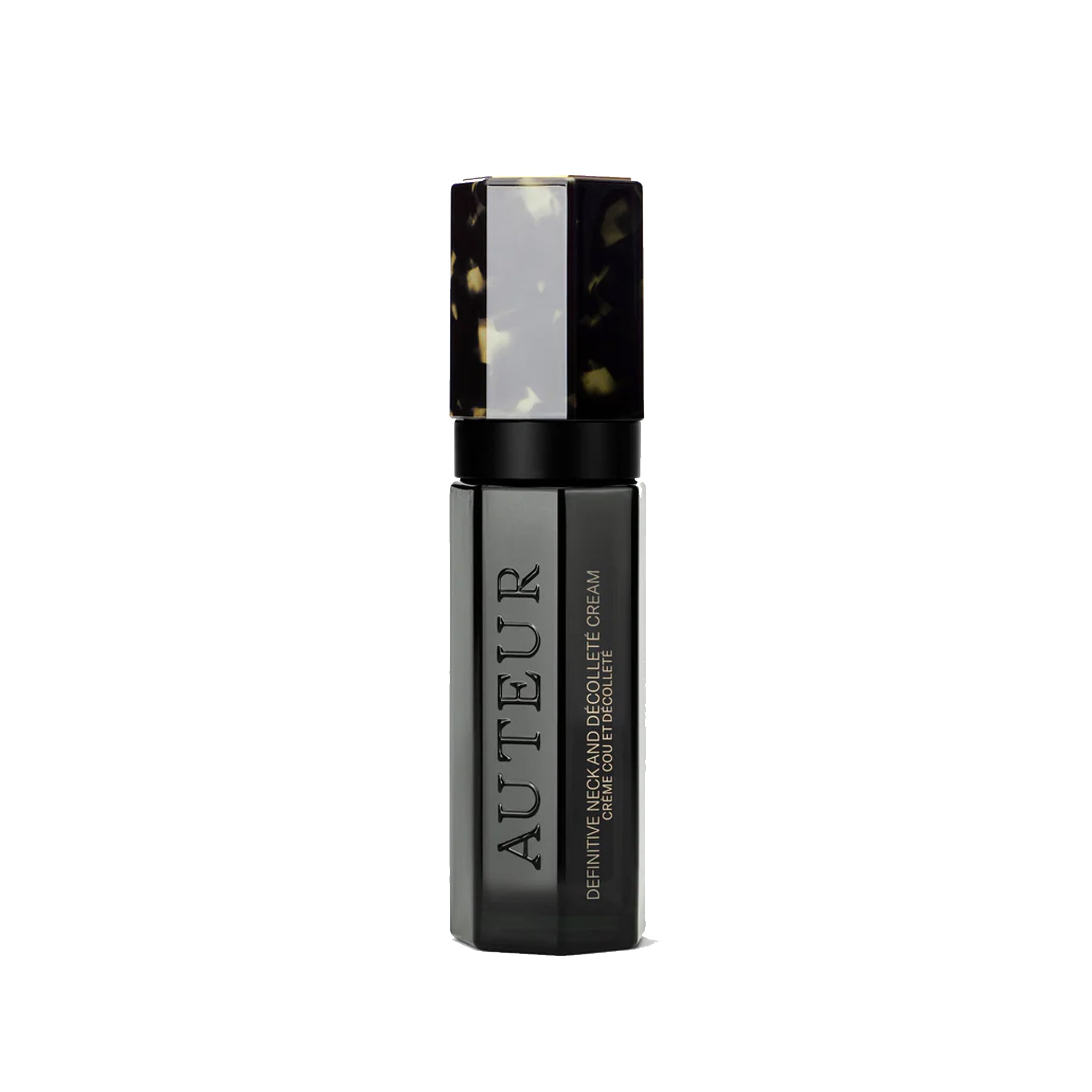 Black skincare bottle labeled 'Auteur' on a white background
