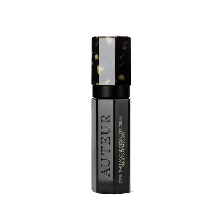 Black skincare bottle labeled 'Auteur' on a white background