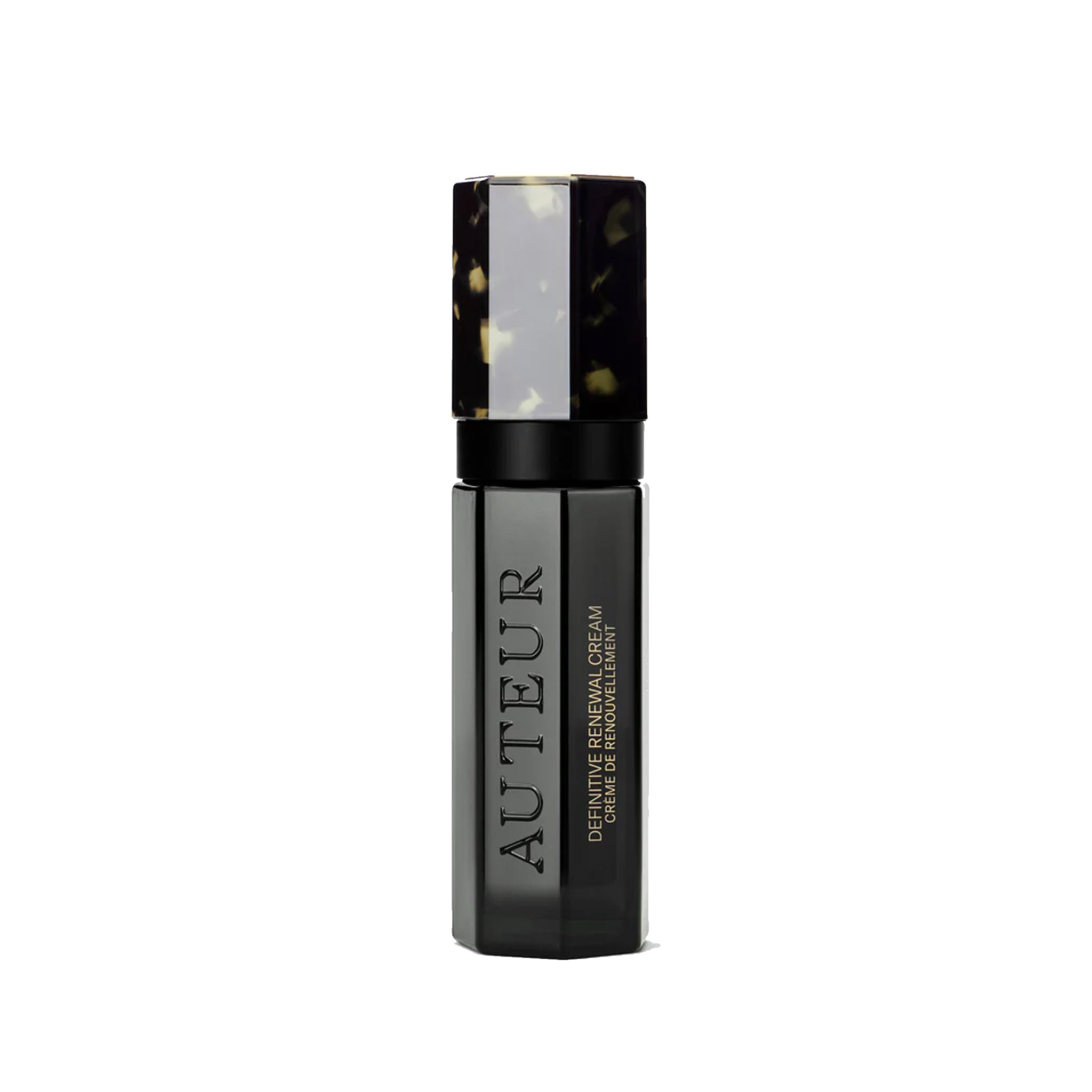 Black skincare bottle labeled 'Auteur' on a white background