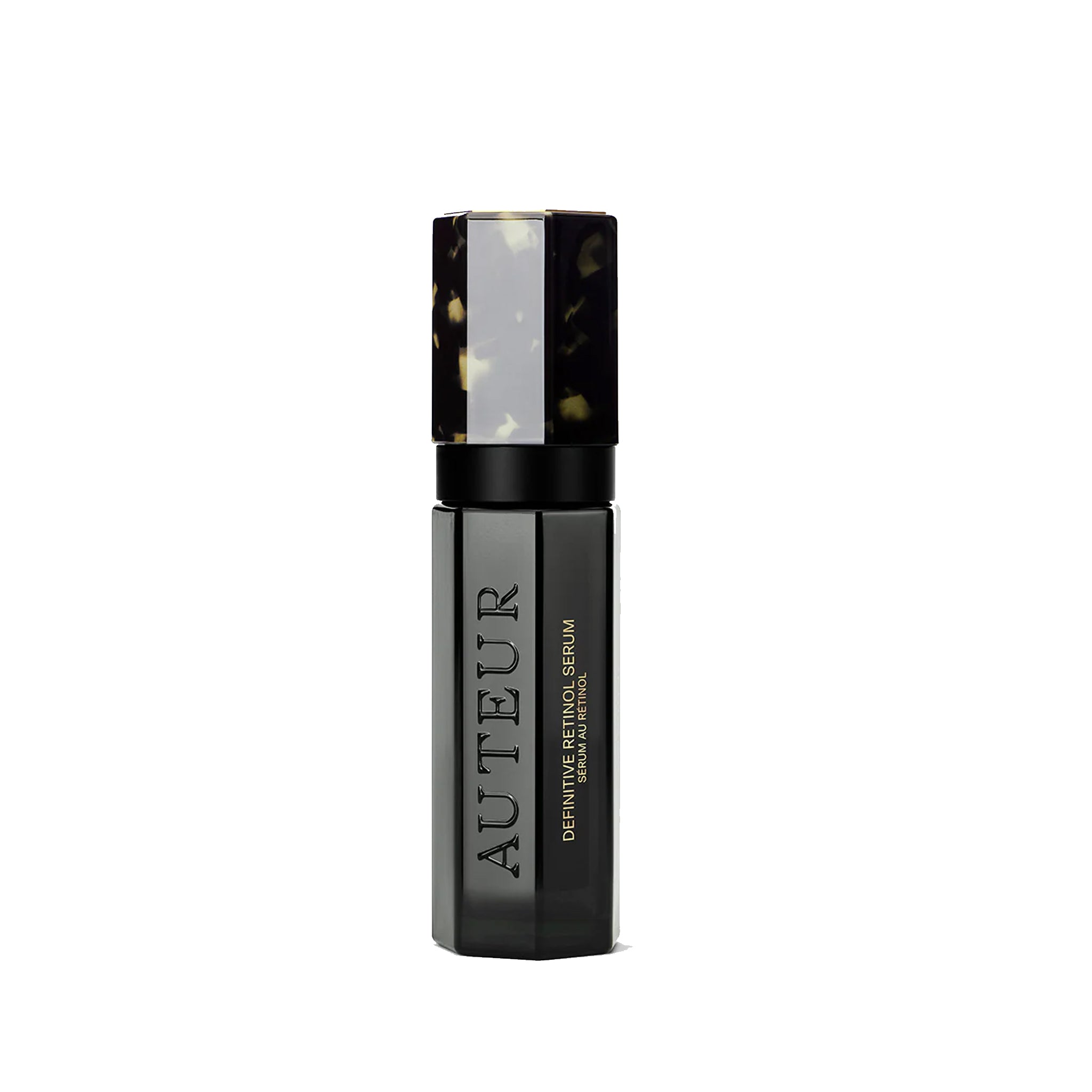 Black serum bottle with 'Auteur' branding on a white background