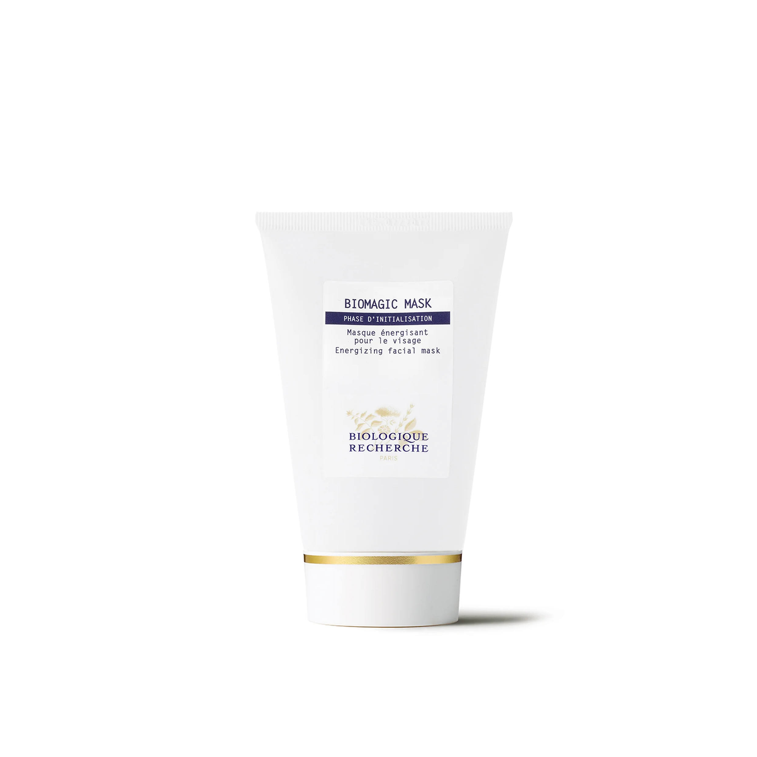 A white tube of Biologique Recherche Biomagic Mask with blue and black text, indicating it is a skincare product.