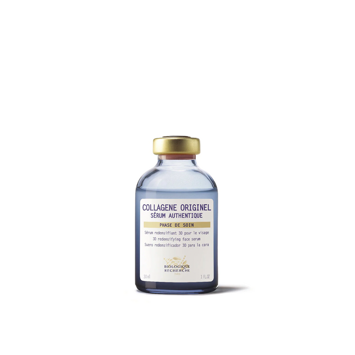 A bottle of Biologique Recherche Collagène Originel Serum with a white label, blue text, and gold cap.