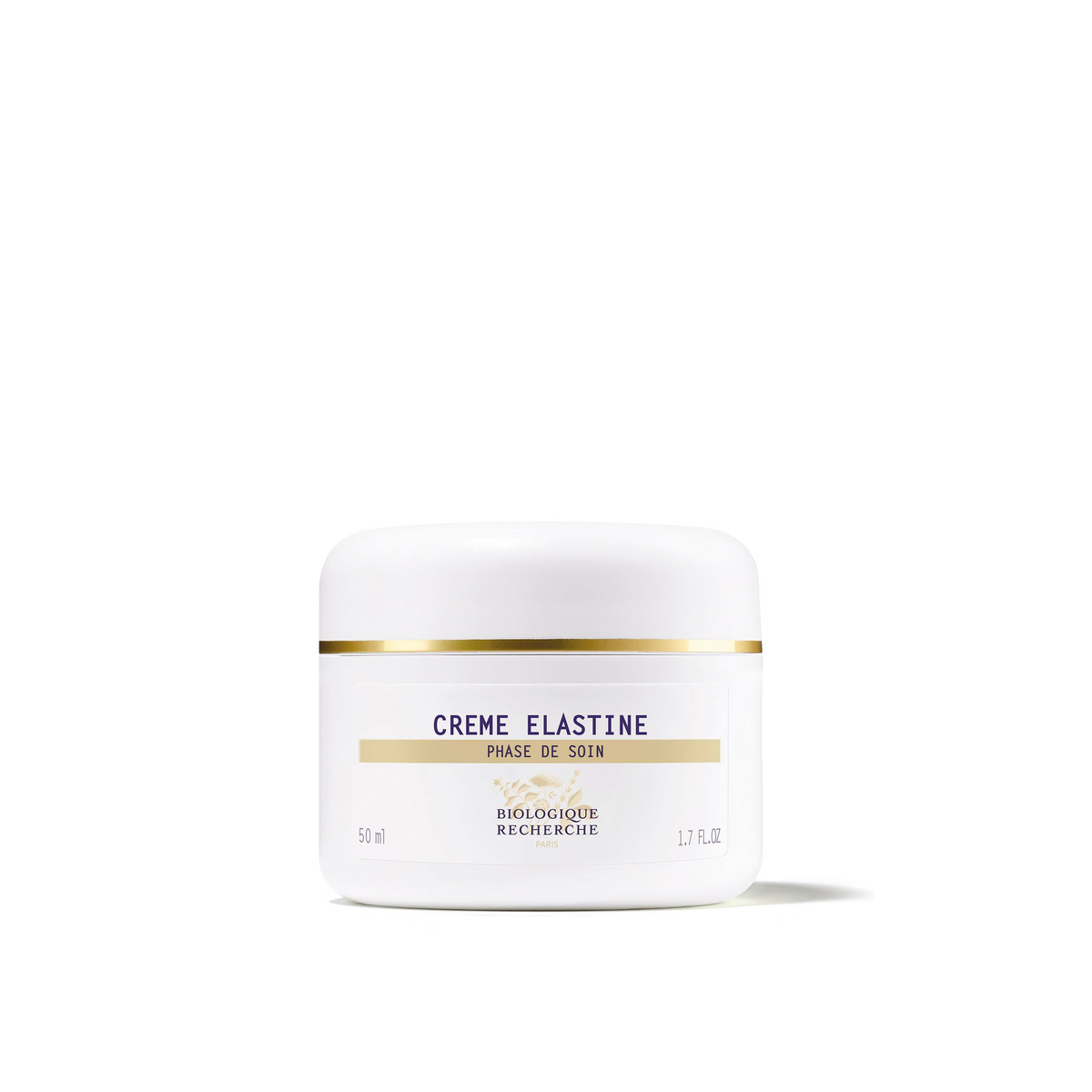 A white jar of Biologique Recherche Crème Elastine with black and gold text, indicating it is a product for skin care.