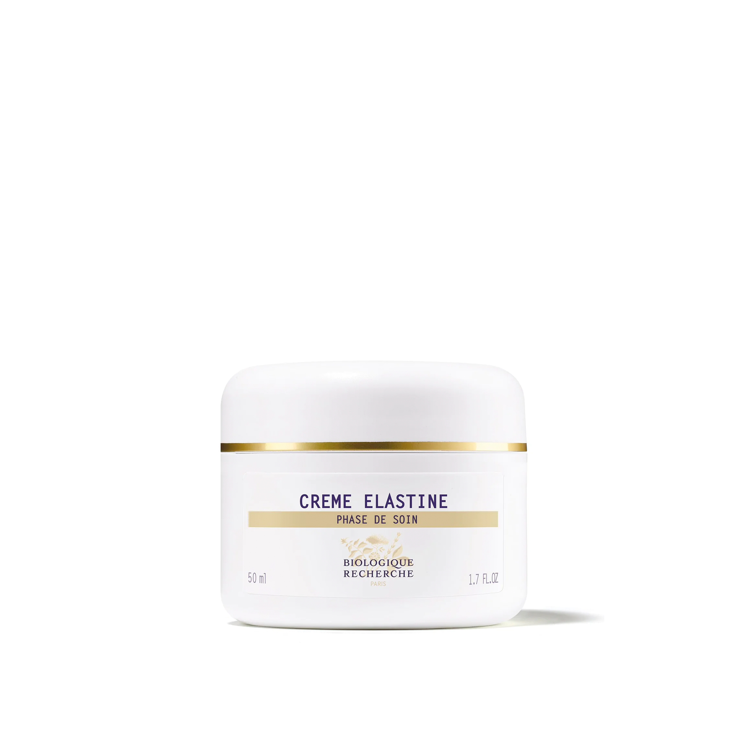 A white jar of Biologique Recherche Crème Elastine with black and gold text, indicating it is a product for skin care.