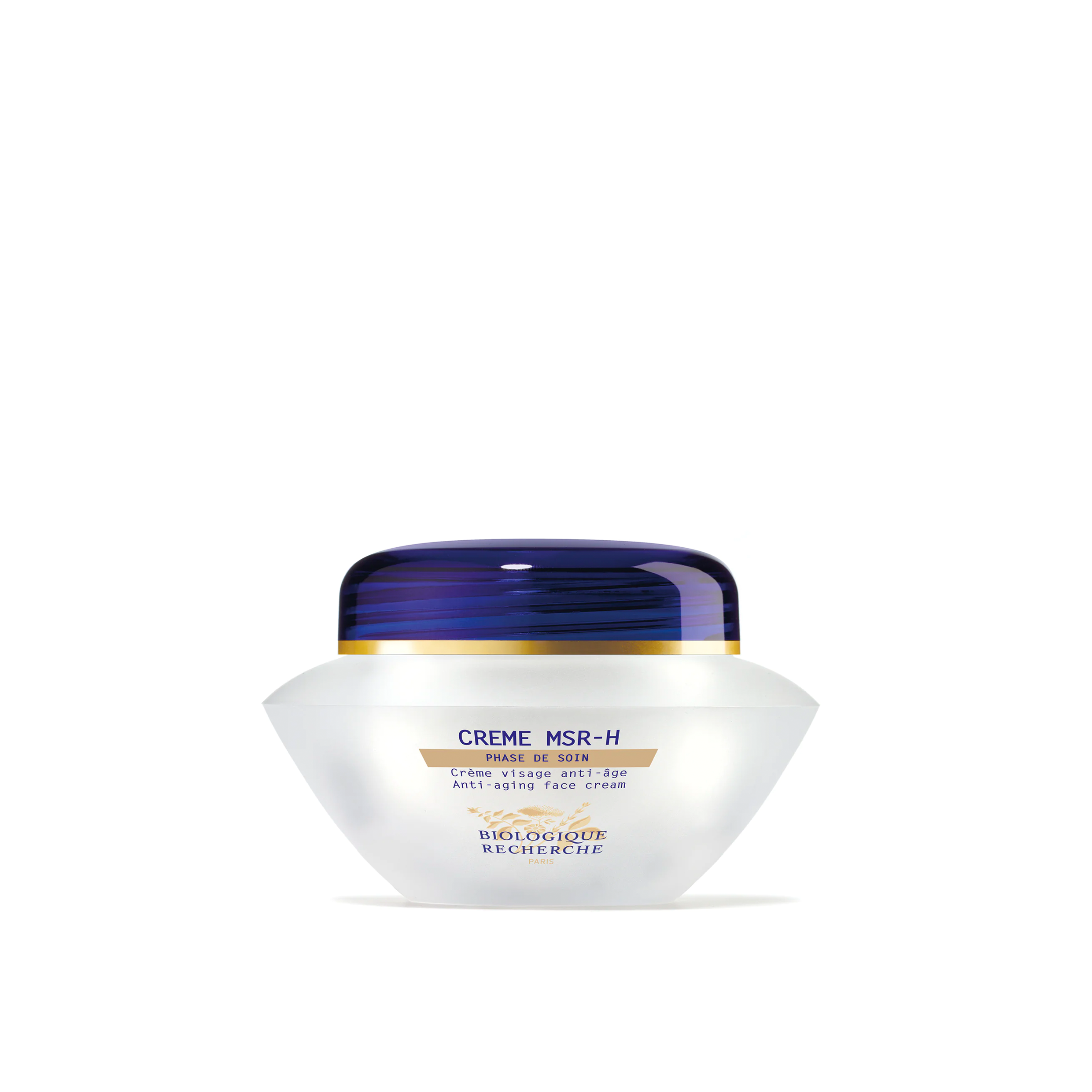 A jar of Biologique Recherche Crème MSR-H with a white body and blue lid, labeled in white text.