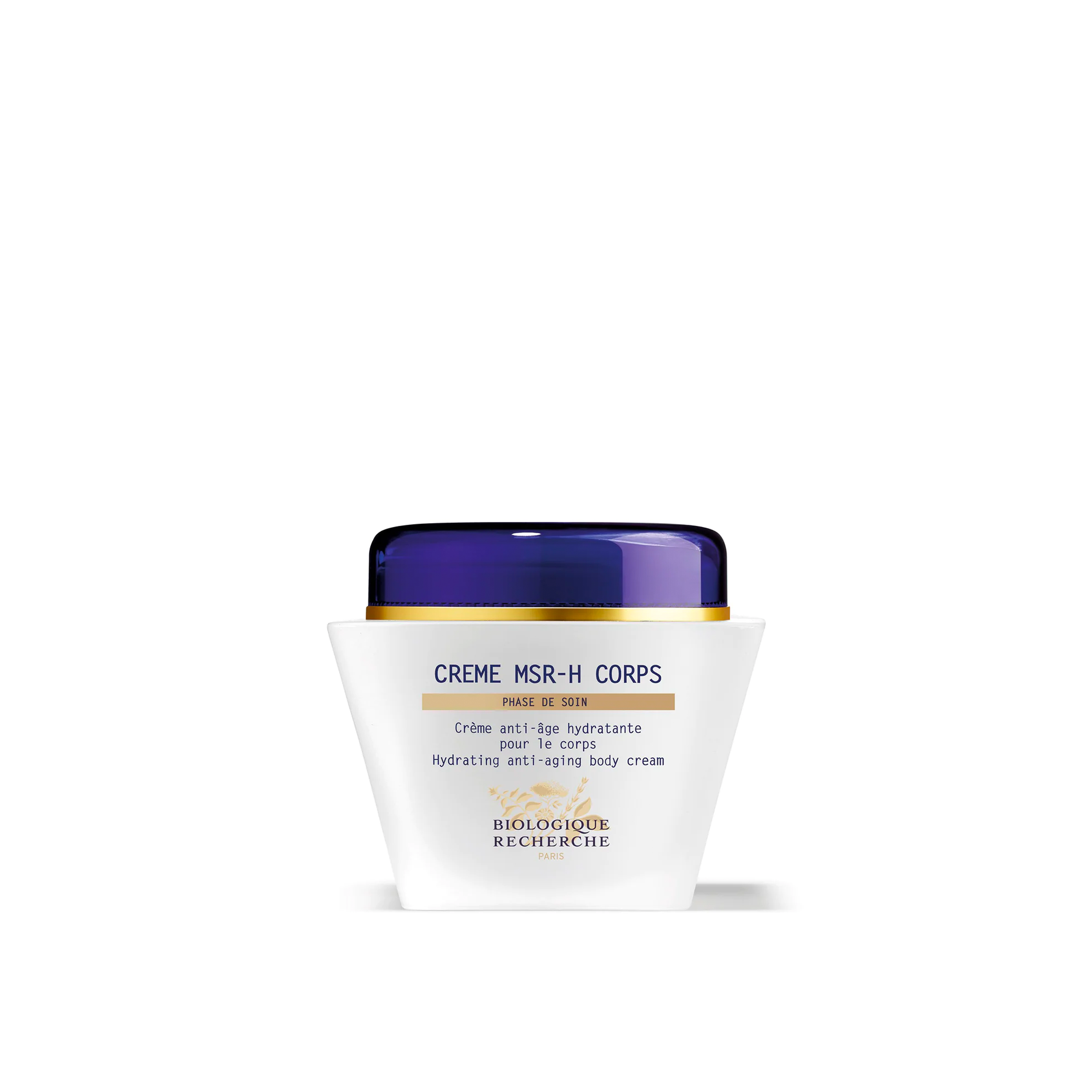 A jar of Biologique Recherche Crème MSR-H Corps body cream with white and blue labeling.