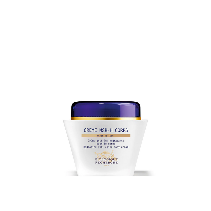 A jar of Biologique Recherche Crème MSR-H Corps body cream with white and blue labeling.
