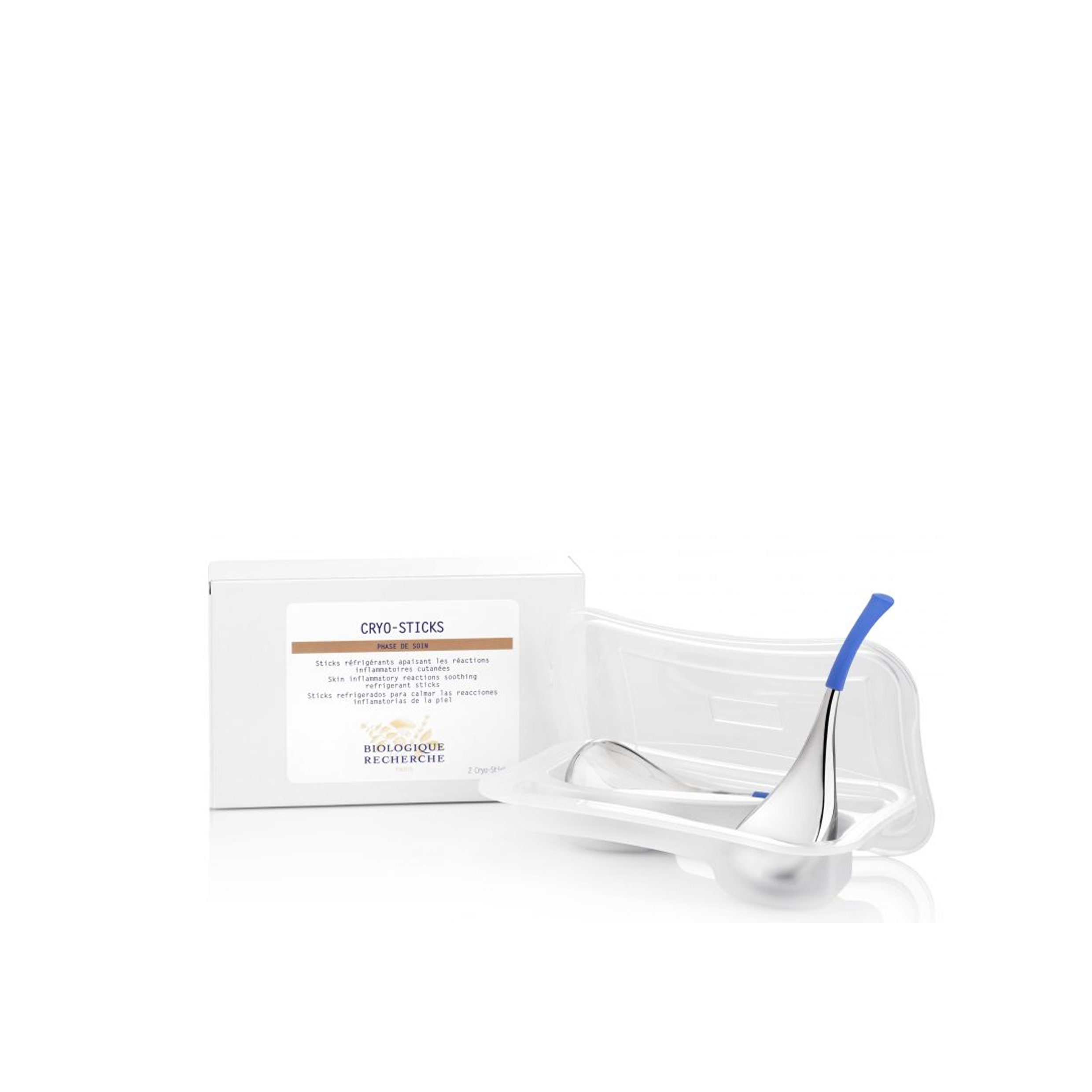 A set of Biologique Recherche Cryosticks, which includes a box and a white container with a blue-handled stainless steel wand.
