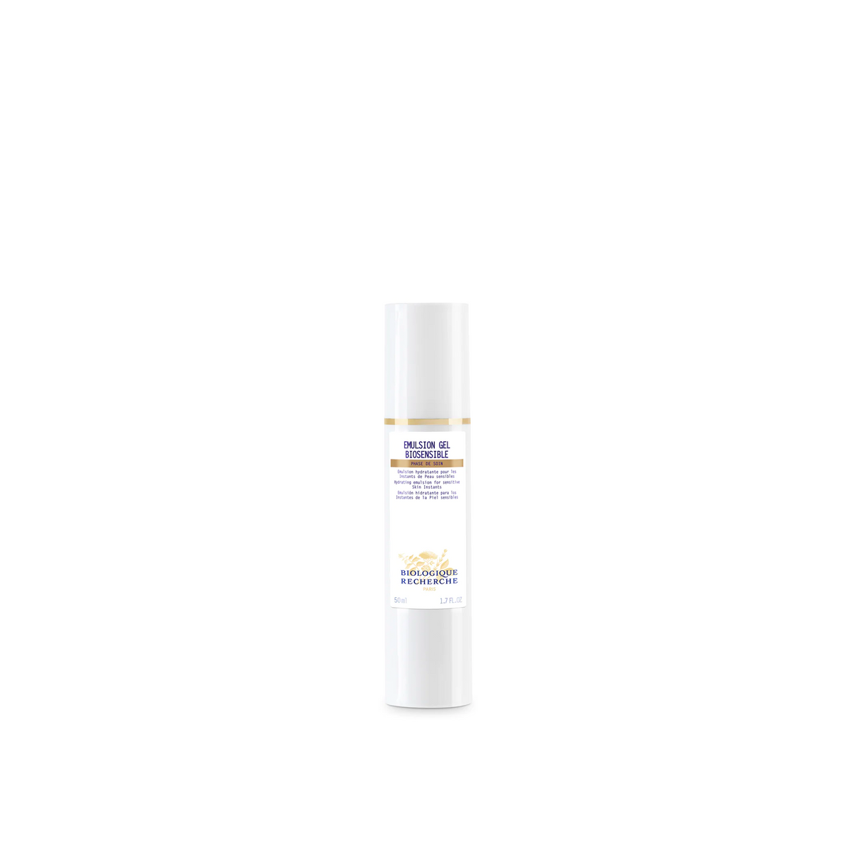 A white pump bottle labeled Emulsion Gel Biosensible S.R by Biologique Recherche.