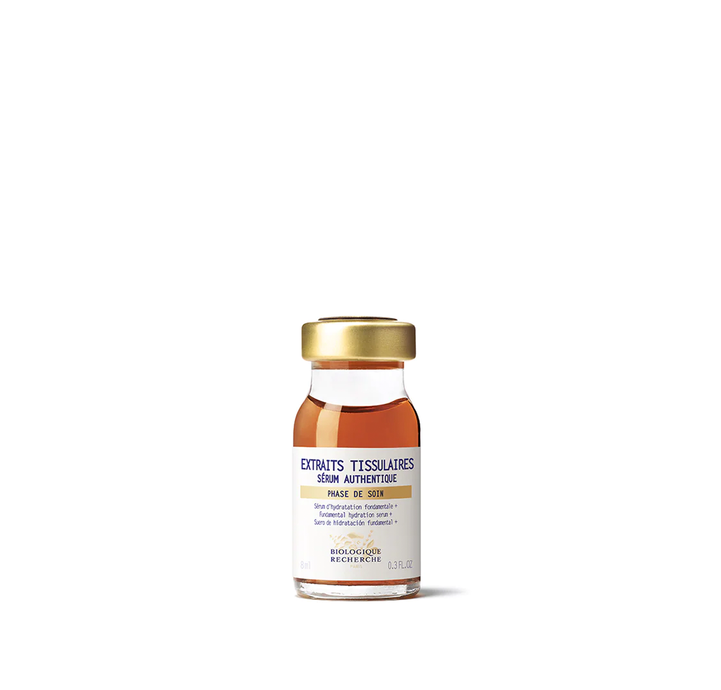 A glass vial containing BIologique Recherche Extraits Tissulaires Serum