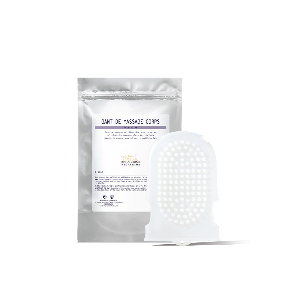 A packaged Biologique Recherche body massage glove, with the product visible in front of the package.