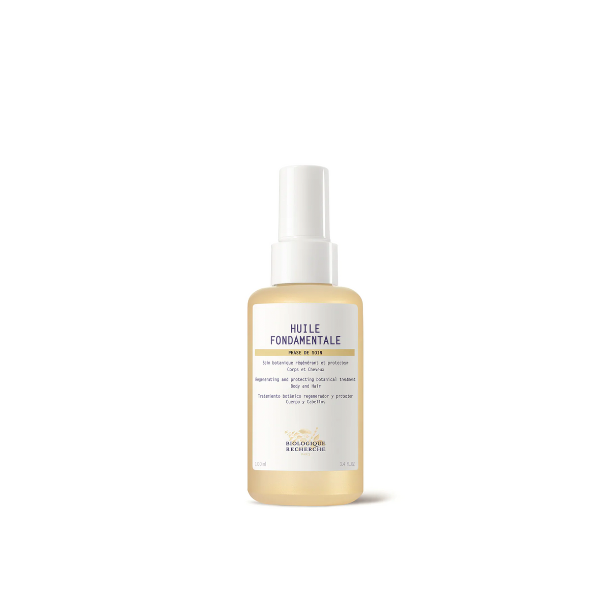A clear spray bottle labeled 'Huile Fondamentale' from Biologique Recherche, intended for body and hair care.