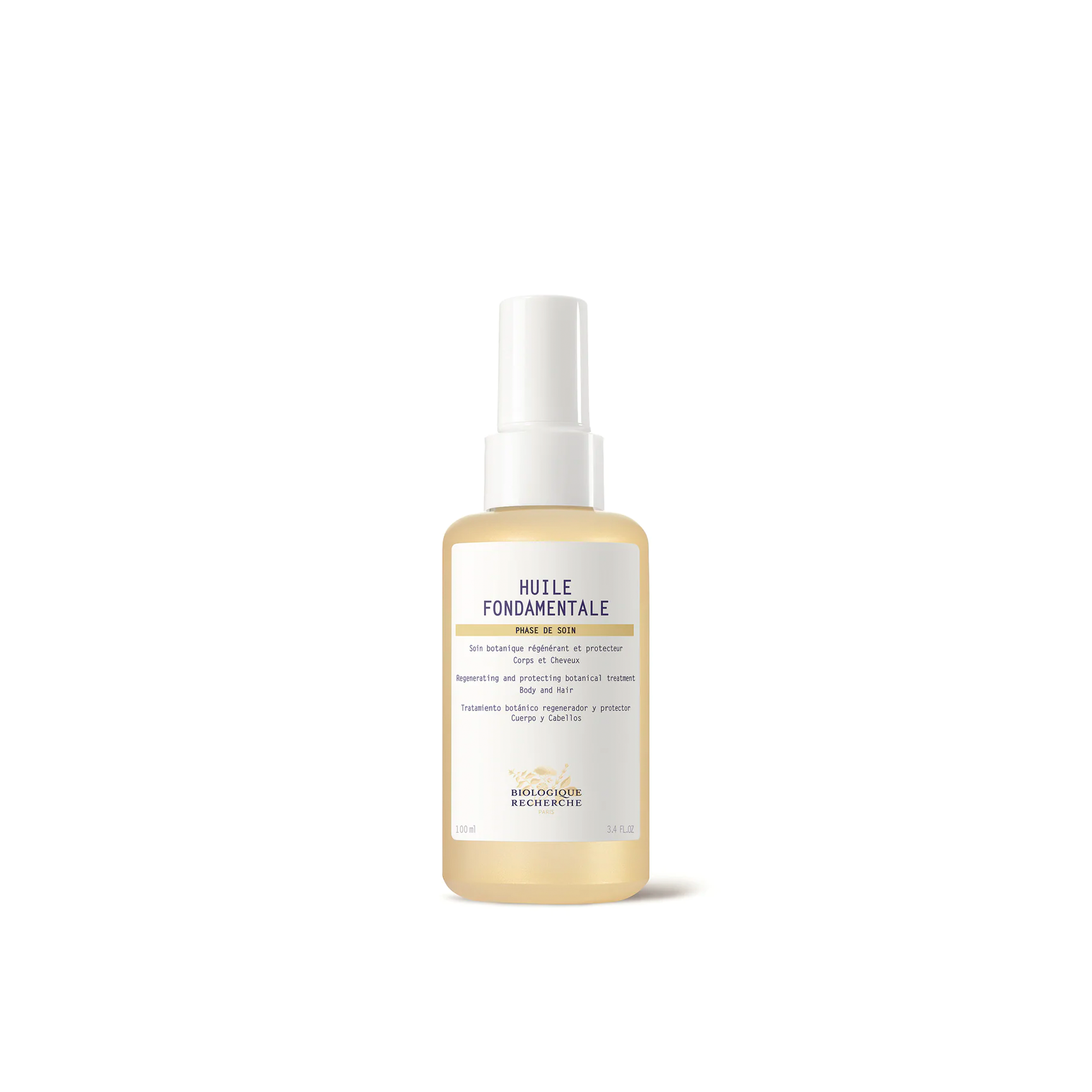 A clear spray bottle labeled 'Huile Fondamentale' from Biologique Recherche, intended for body and hair care.