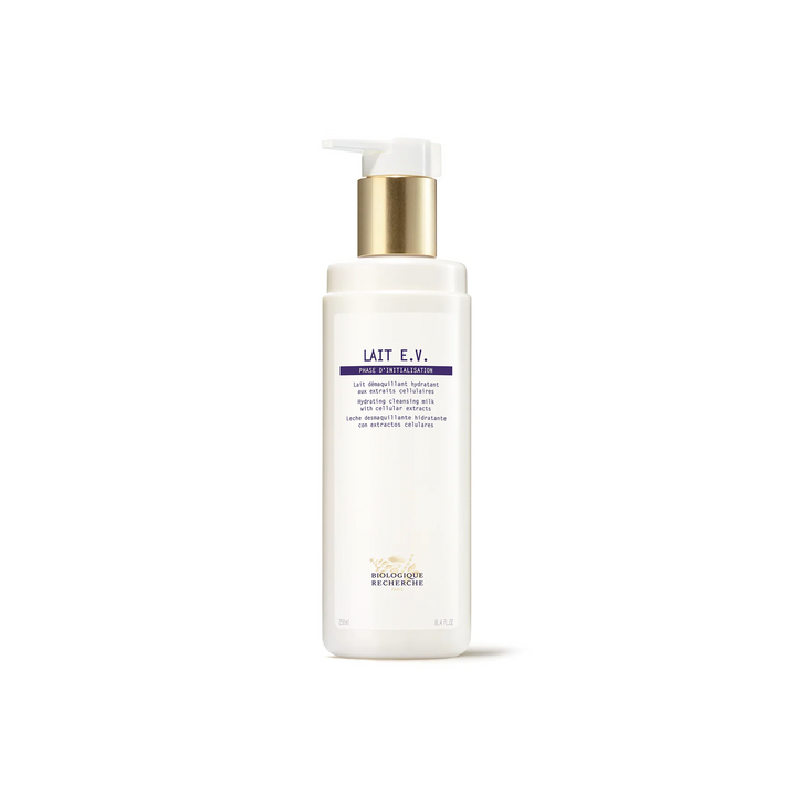 A white pump bottle labeled 'Lait E.V' by Biologique Recherche, designed for facial cleansing.