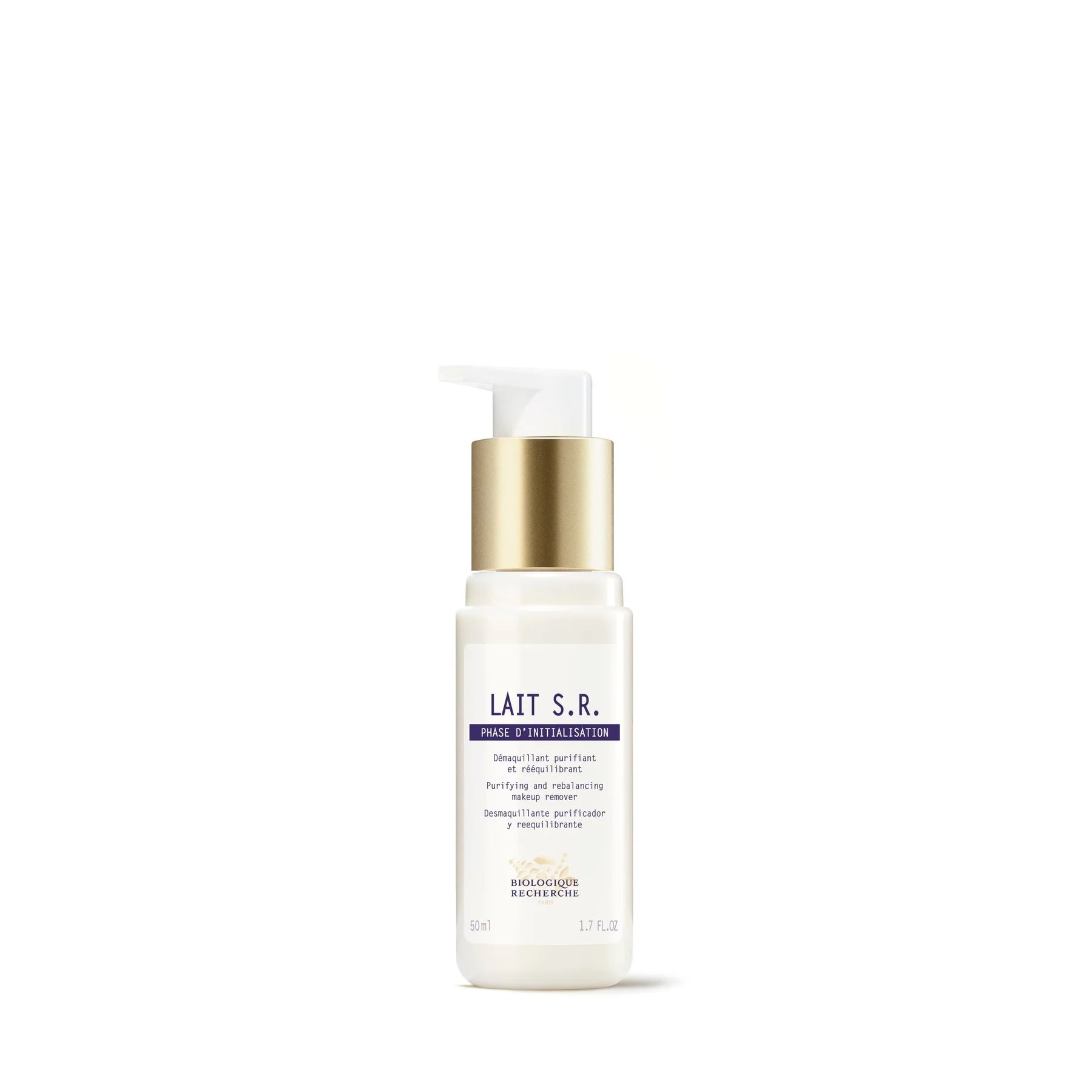Skincare bottle labeled 'Lait S.R.' on a white background