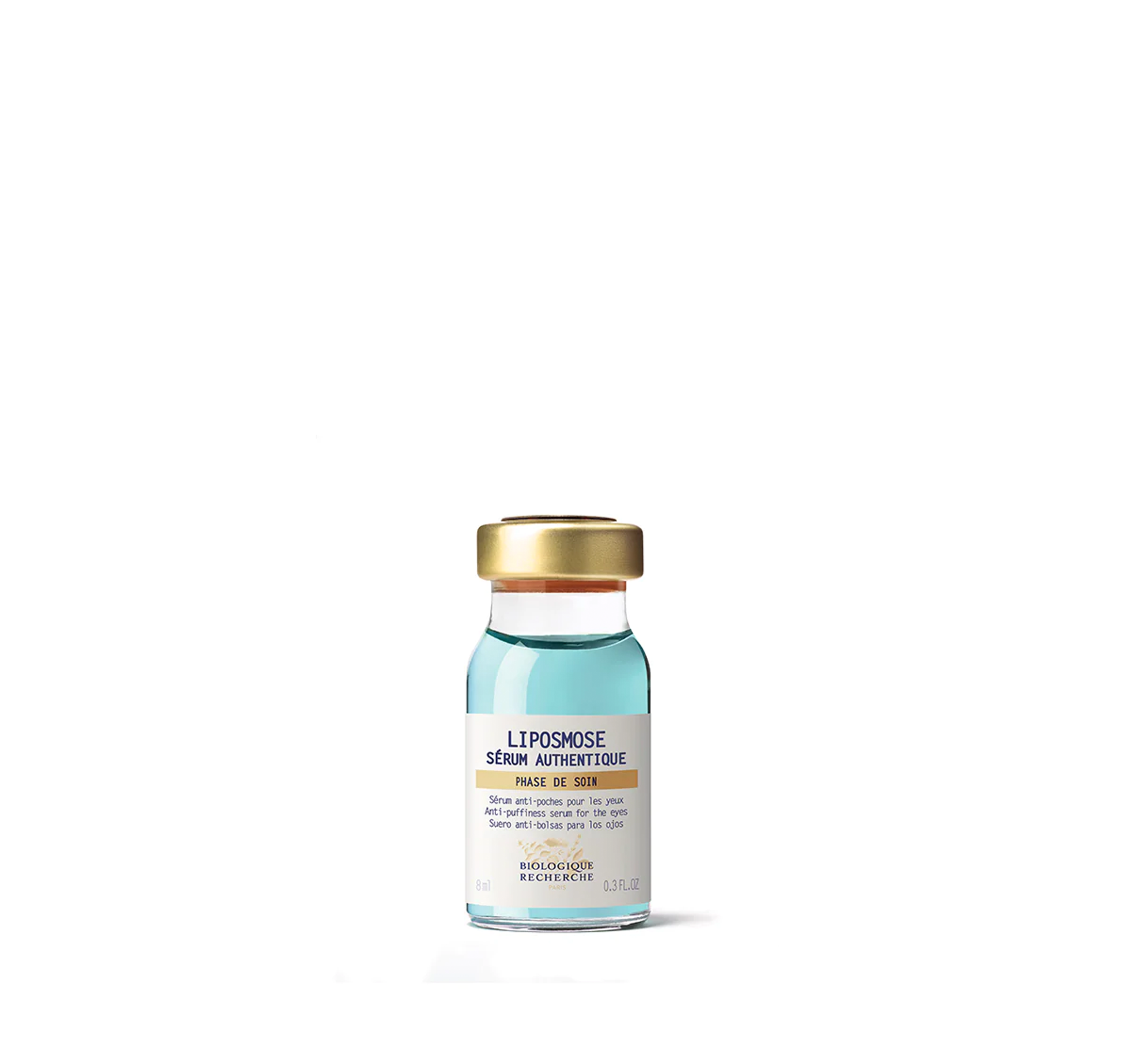 A glass vial of Biologique Recherche Serum Liposmose, containing a blue liquid