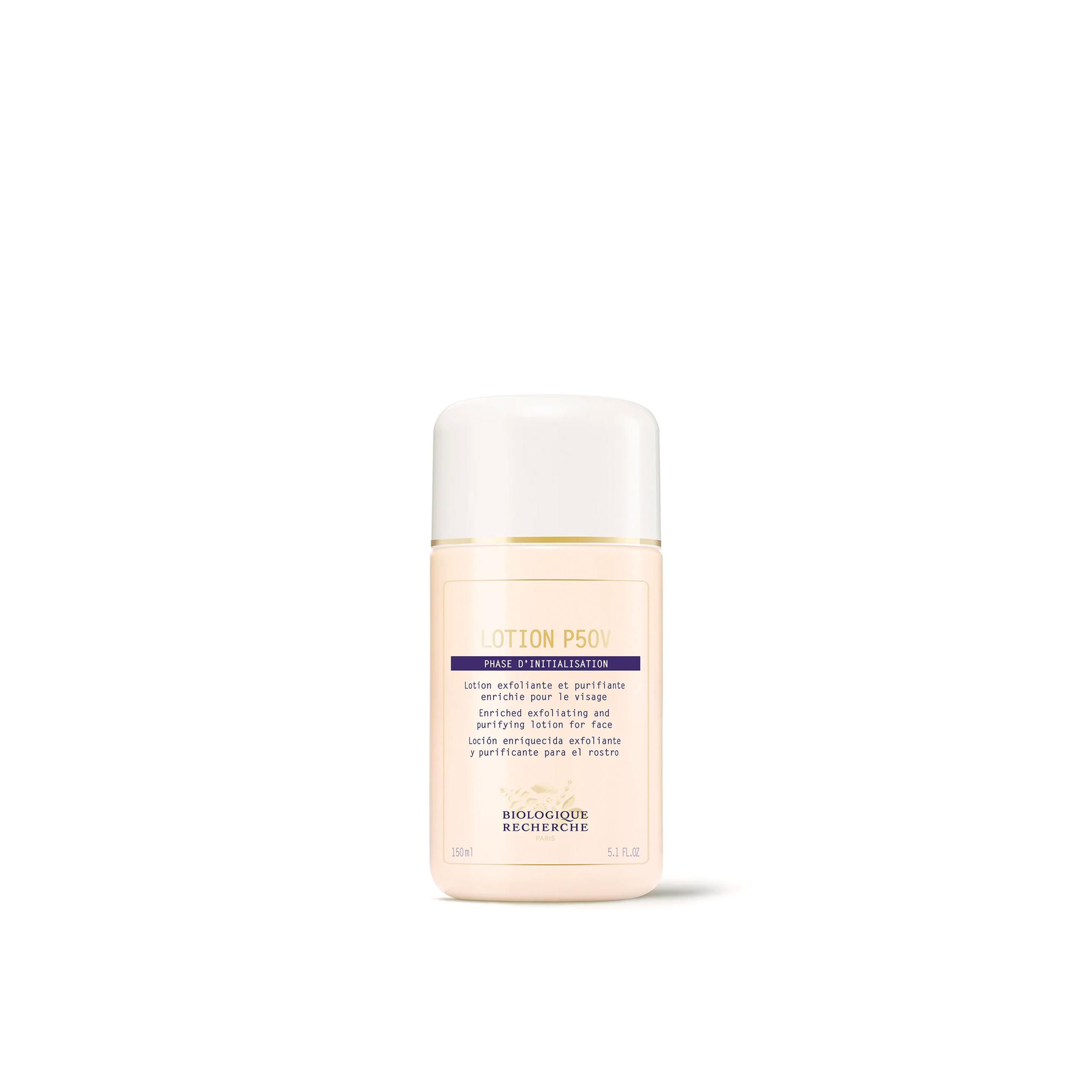A bottle of Biologique Recherche Lotion P50V with a pink label and white cap, designed for skincare.