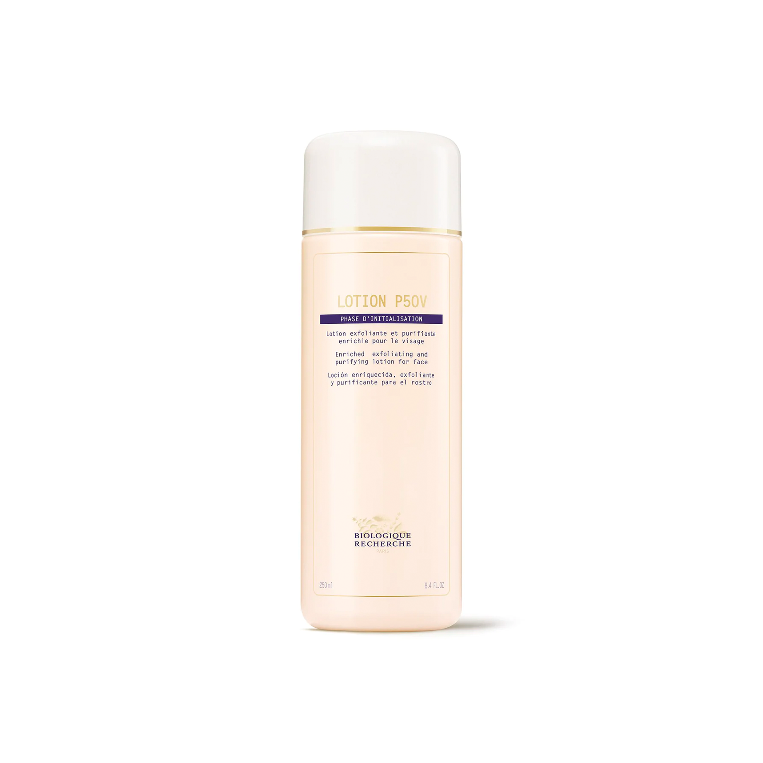 A bottle of Biologique Recherche Lotion P50V with a pink label and white cap, designed for skincare.