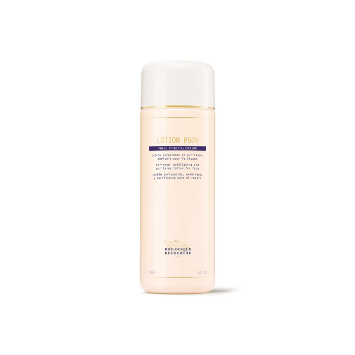 A bottle of Biologique Recherche Lotion P50V with a pink label and white cap, designed for skincare.
