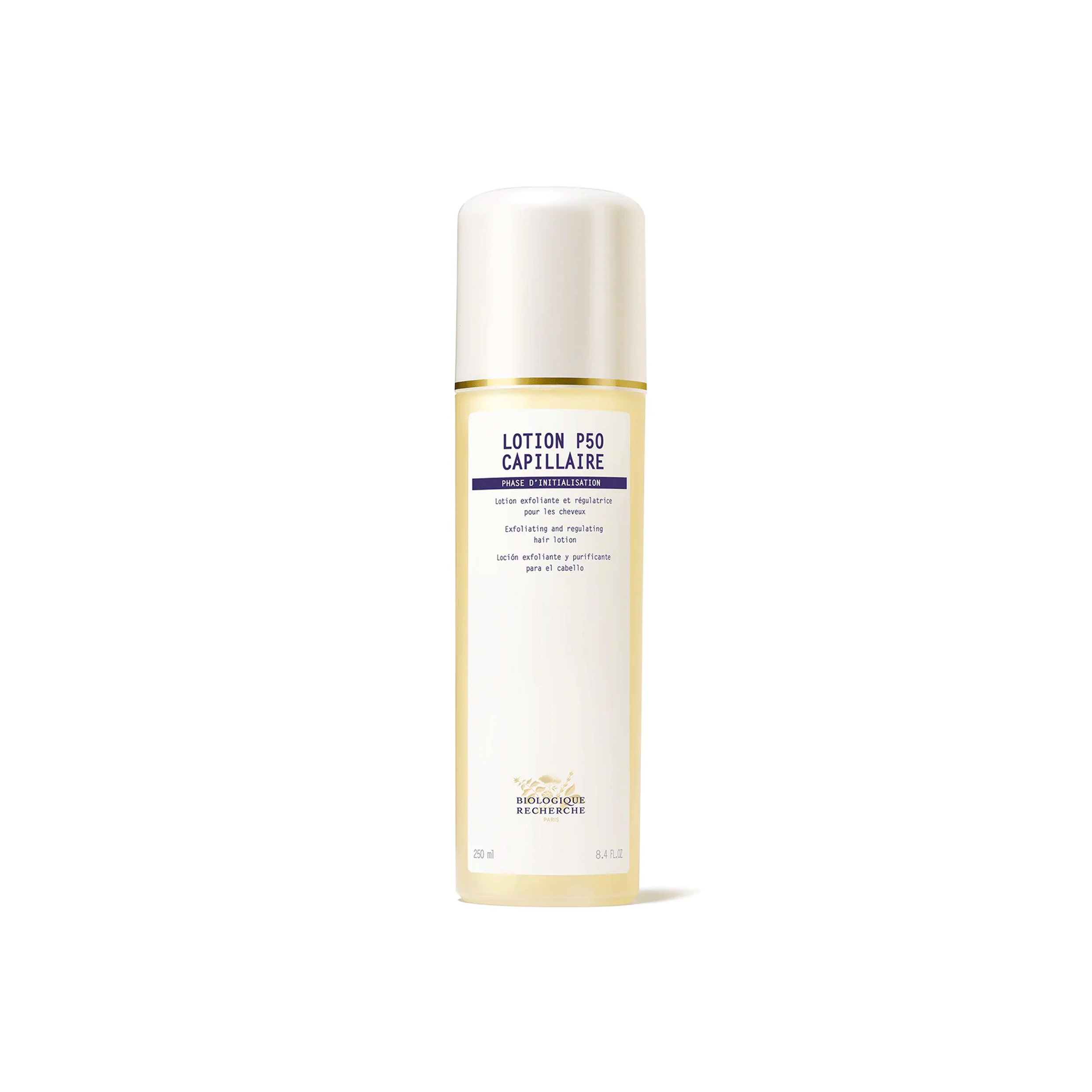A clear bottle with a white cap labeled 'Lotion P50 Capillaire' from Biologique Recherche.