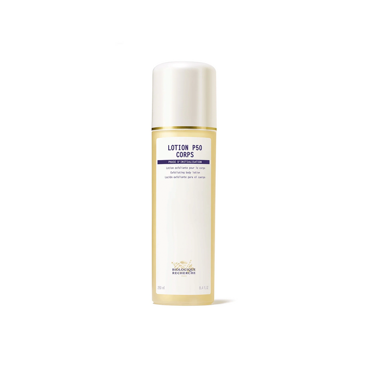 A bottle of Biologique Recherche Lotion P50 Corps with a white cap and a clear body displaying the yellow-toned liquid inside.