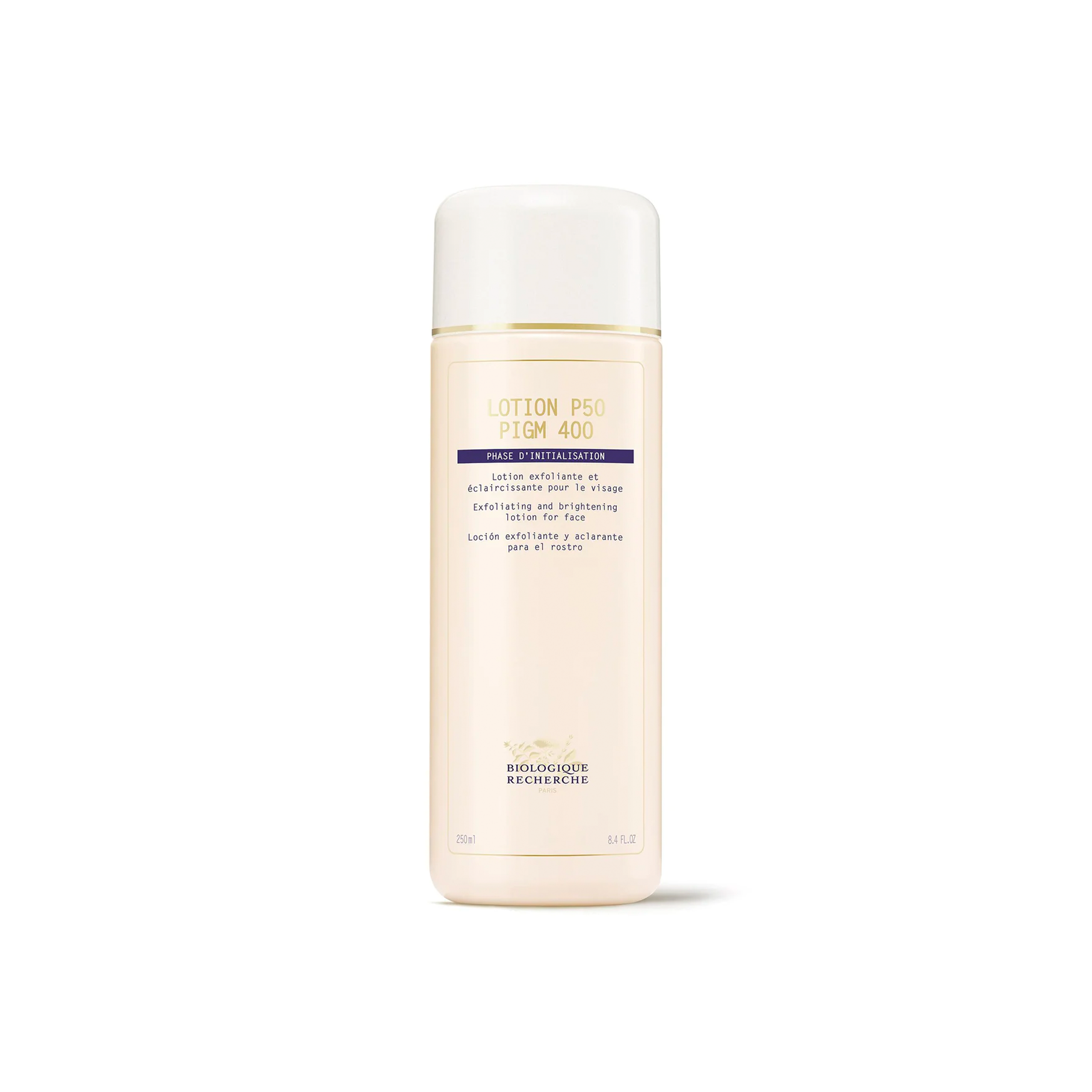 A bottle of Biologique Recherche Lotion P50 PIGM 400 with a beige label, predominantly white and beige in color.