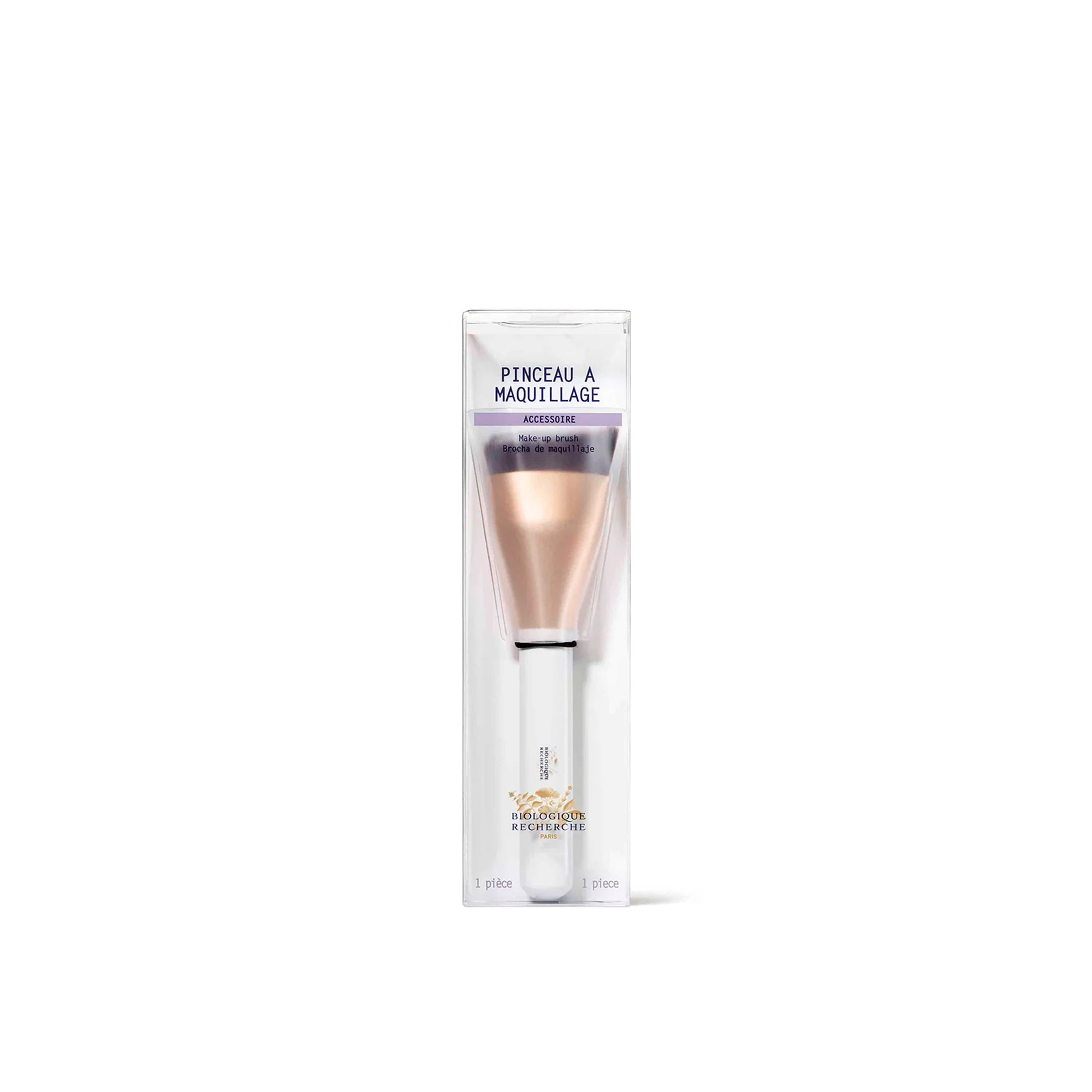 A packaged Biologique Recherche makeup brush with a white handle and gold accents, labeled for precision makeup application.