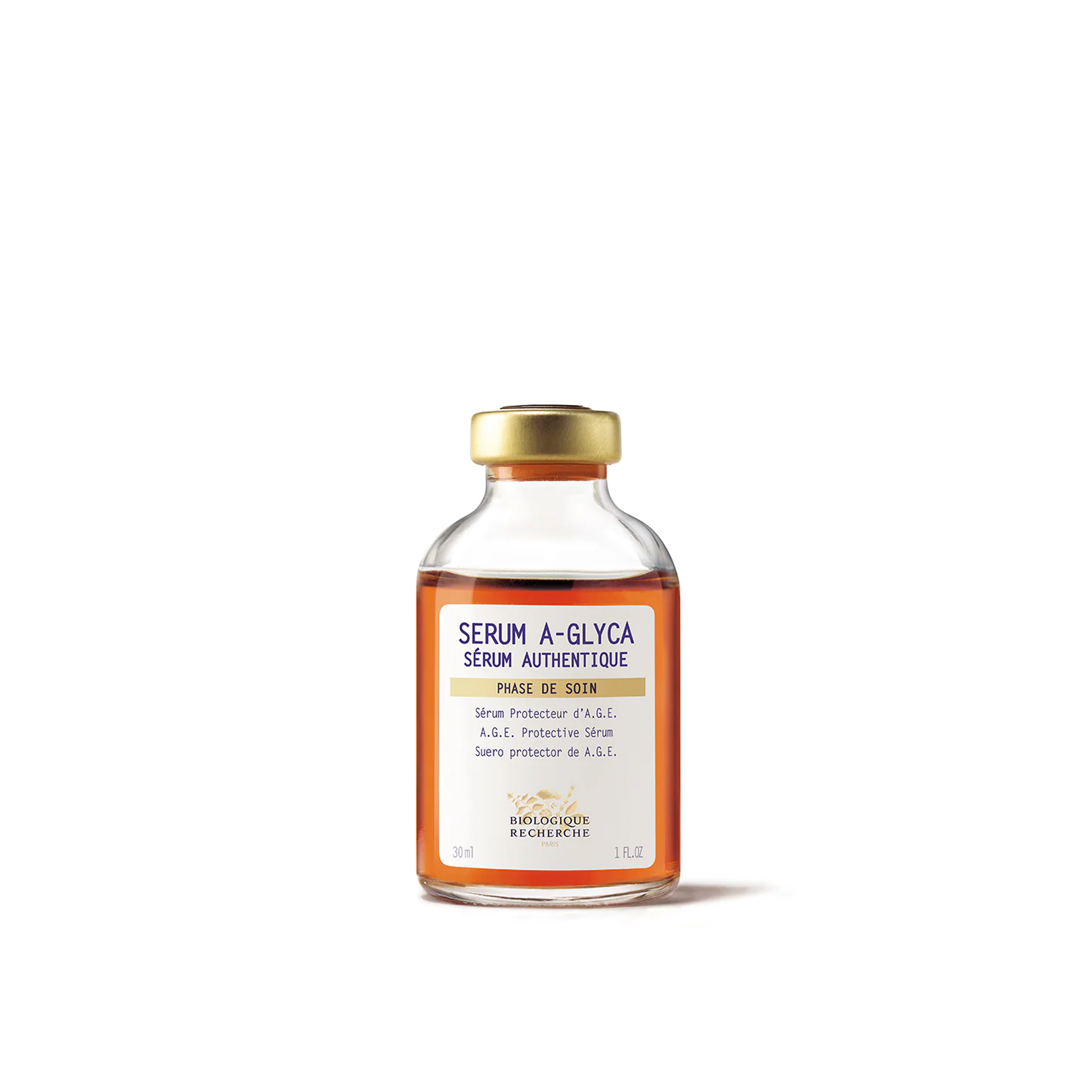 A clear glass vial with a white label and gold-colored cap, containing the product Biologique Recherche Serum A-Glyca.