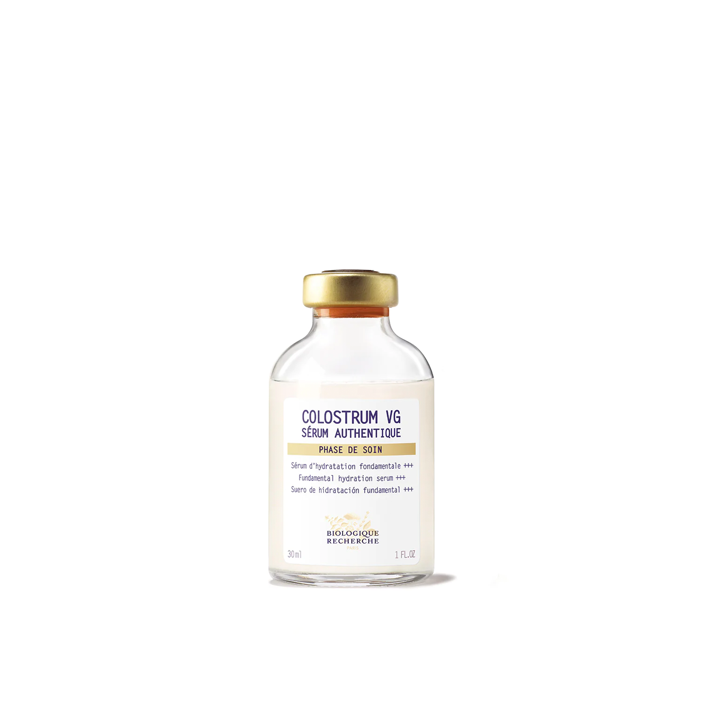 A glass vial labeled 'COLOSTROUM VG' by Biologique Recherche, indicating it is a skincare serum.