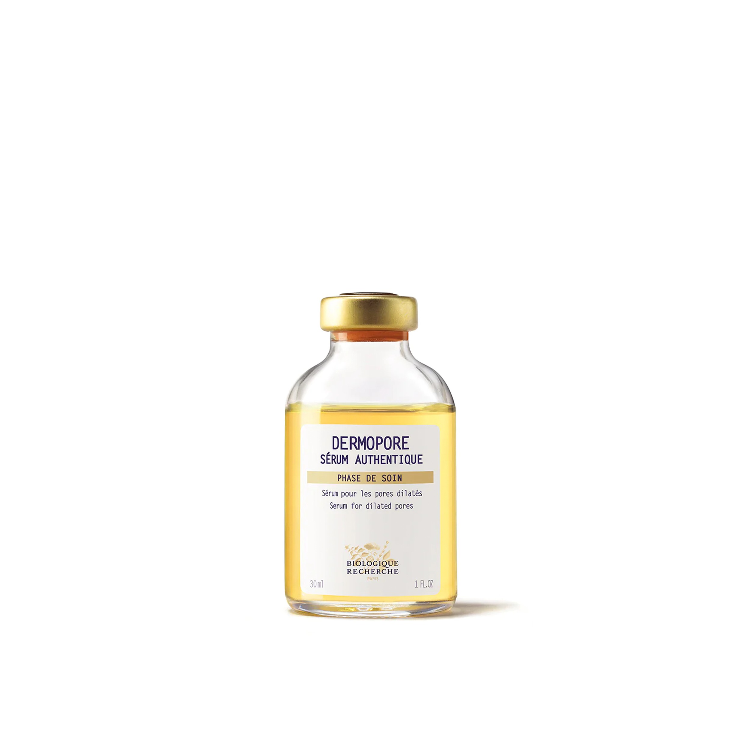 A clear glass vial with a yellow liquid inside, labeled as Dermopore Serum by Biologique Recherche.