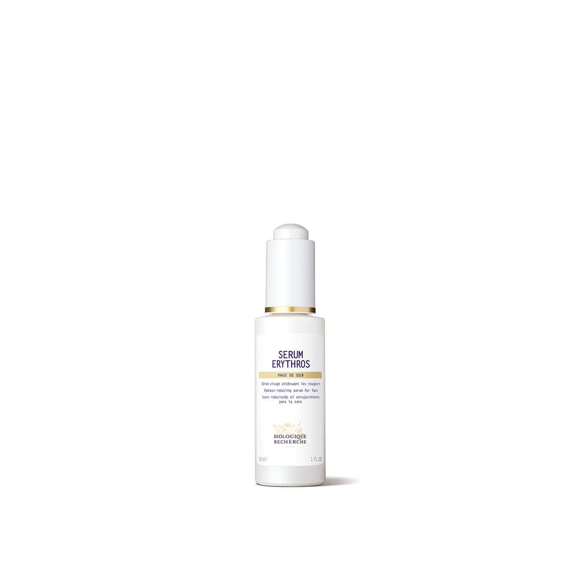 A white bottle with a dropper containing Biologique Recherche Serum Erythros, designed for skincare.