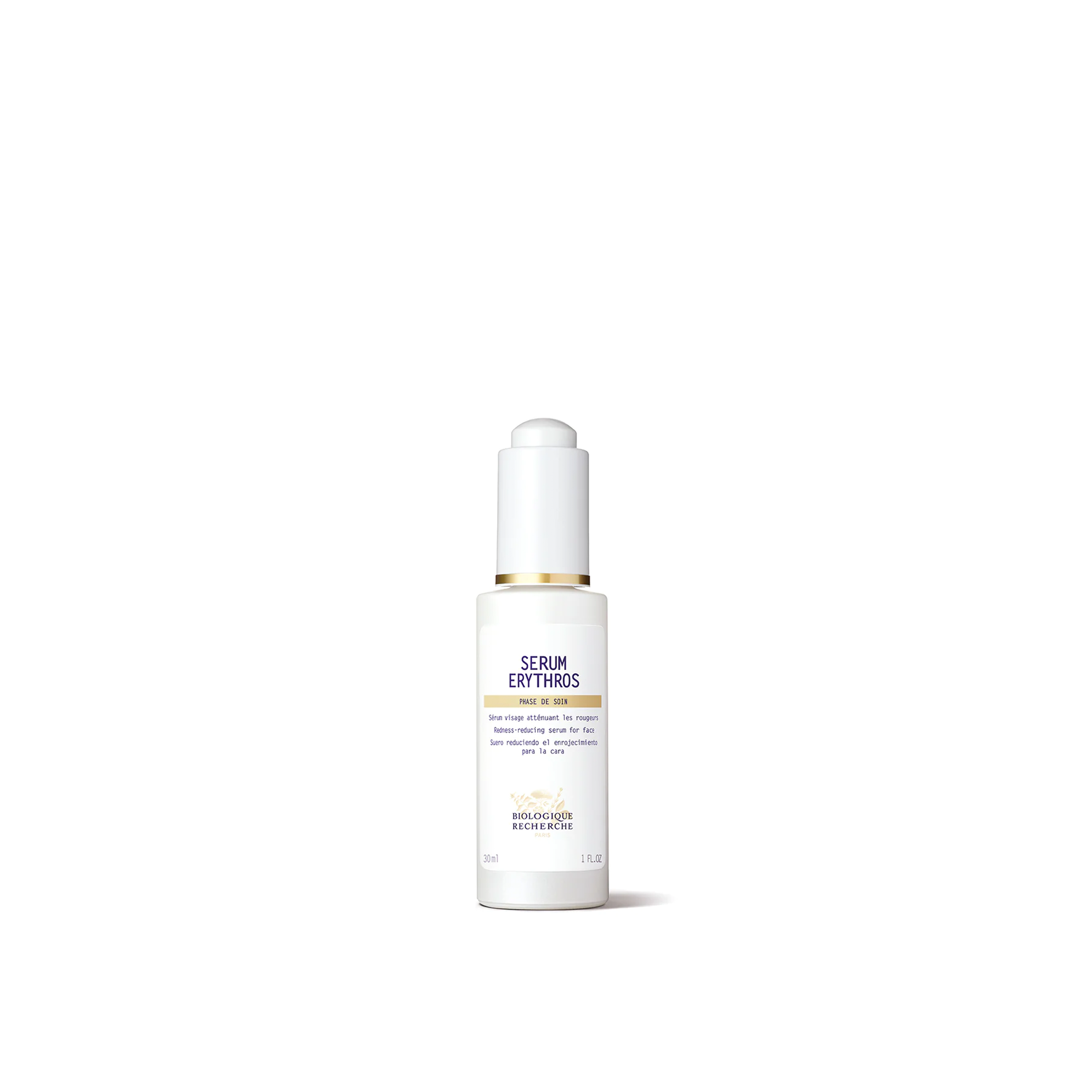 A white bottle with a dropper containing Biologique Recherche Serum Erythros, designed for skincare.