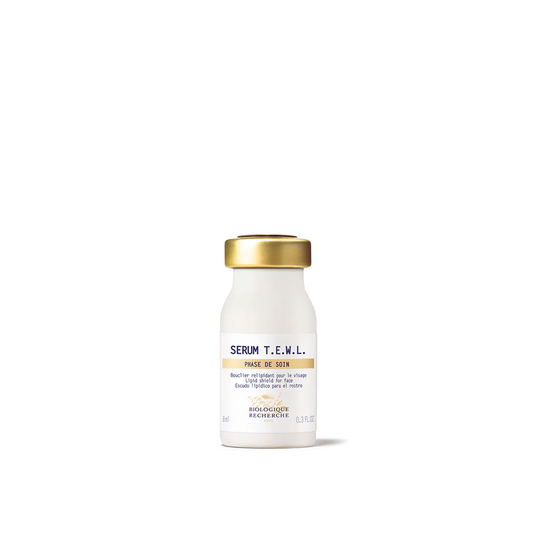 A glass vial of Biologique Recherche Serum T.E.W.L on a plain background.