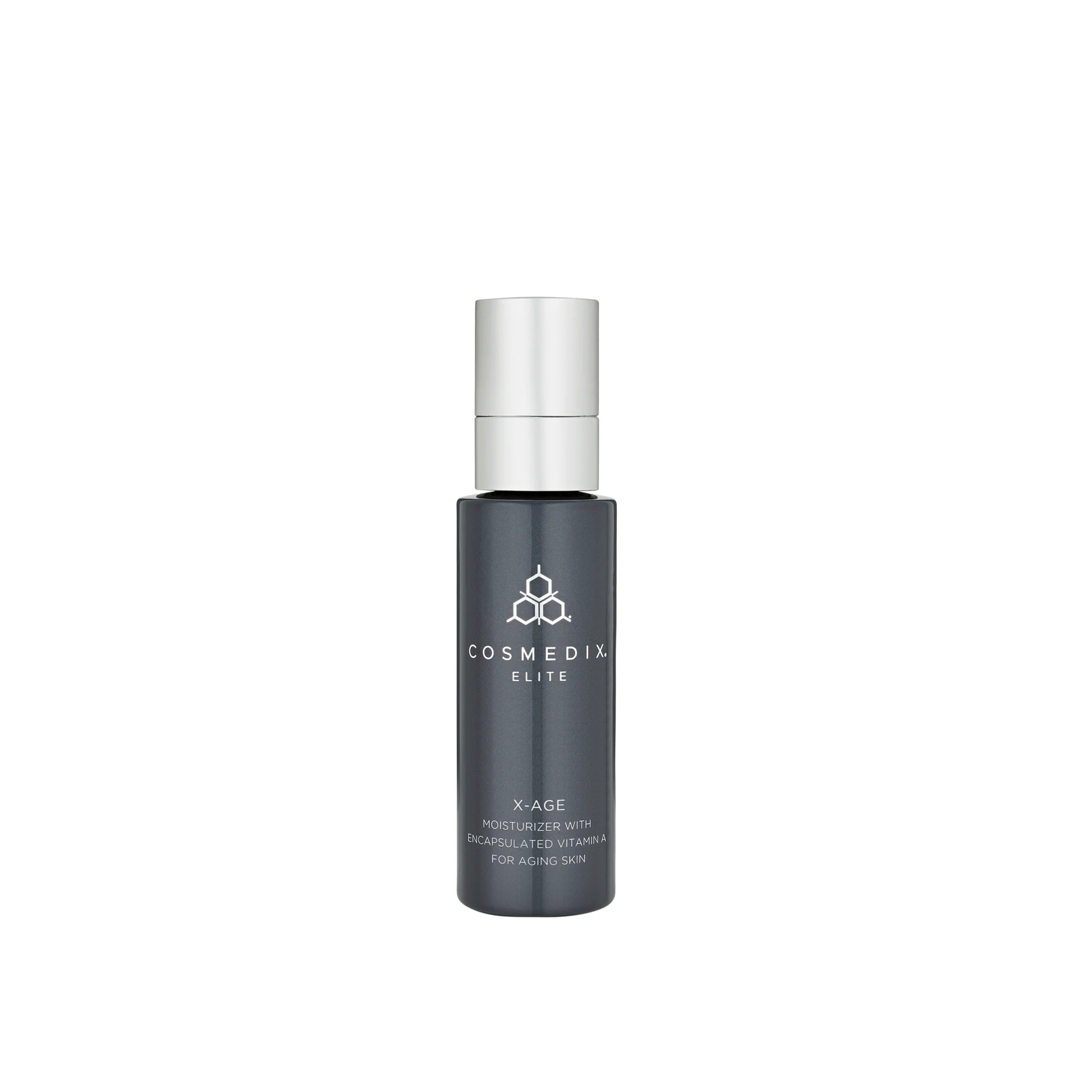 A bottle of CosMedix Elite X Age moisturizer with a gray label and white cap.