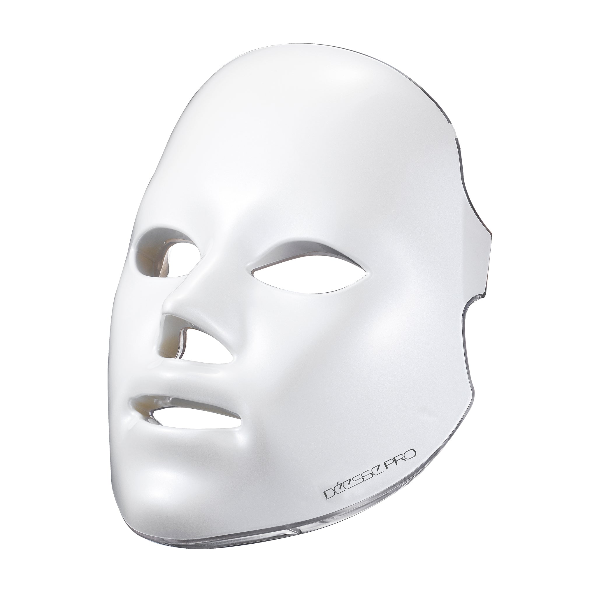 A white, lightweight Déesse Professional LED Phototherapy Mask designed for home skin treatments, featuring openings for the eyes and mouth and branded with 'Déesse PRO'.