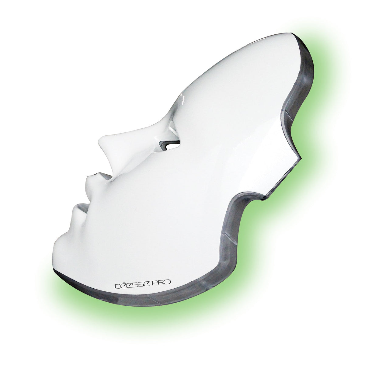 A white LED phototherapy mask designed for skin treatment, with eye openings and adjustable head strap, shown with green light on.