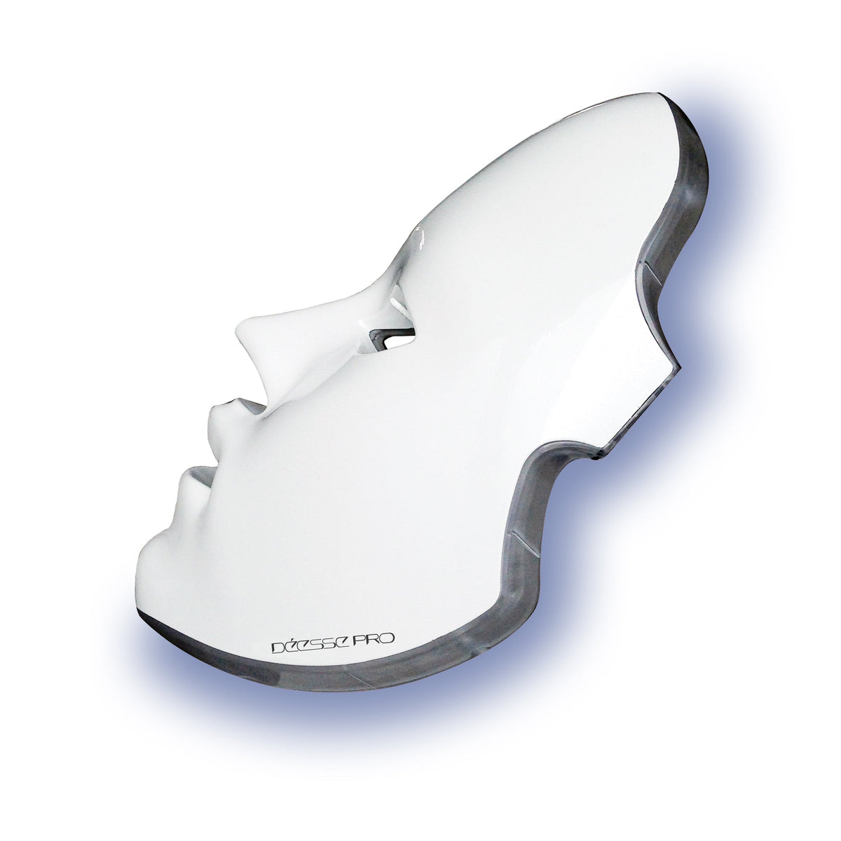 A white LED phototherapy mask designed for skin treatment, with eye openings and adjustable head strap, shown with purple light on.