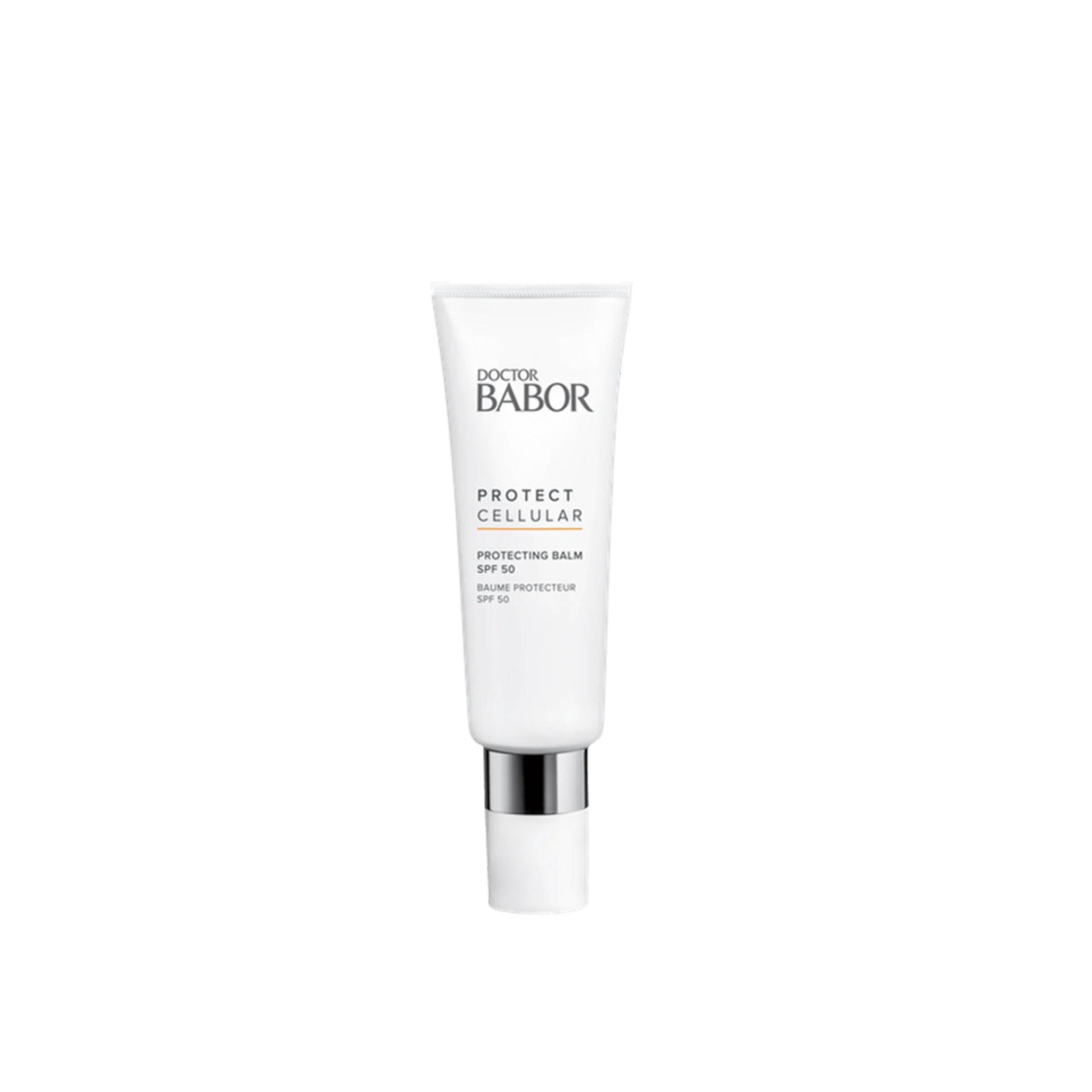 A white tube of Dr Babor Repair Cellular Protecting Balm SPF 50+ with clear and elegant packaging.