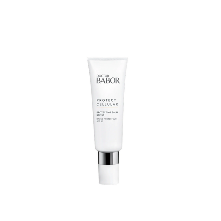 A white tube of Dr Babor Repair Cellular Protecting Balm SPF 50+ with clear and elegant packaging.