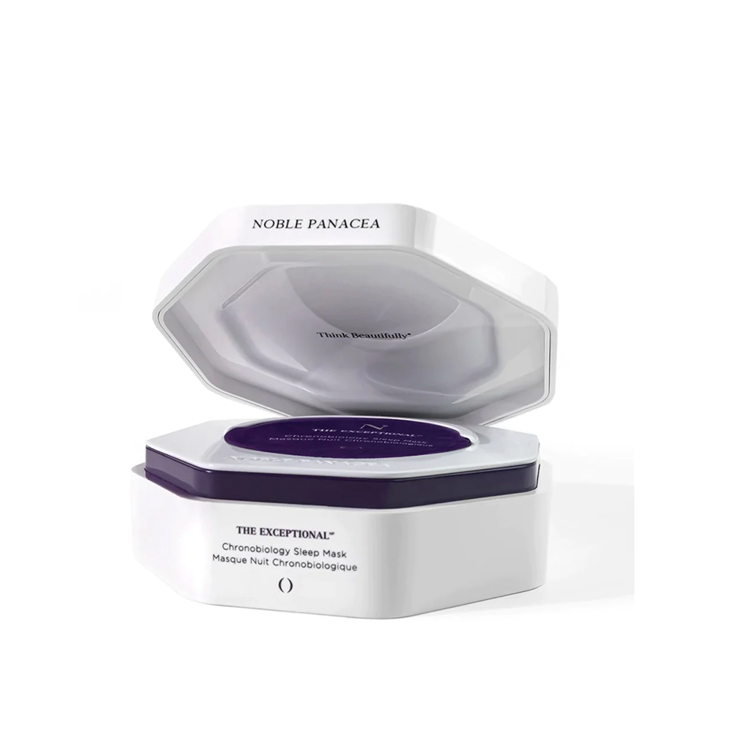 A Noble Panacea Chronobiology Sleep Mask packaging, with a white and purple color scheme, containing 8 x 2ml individual doses.