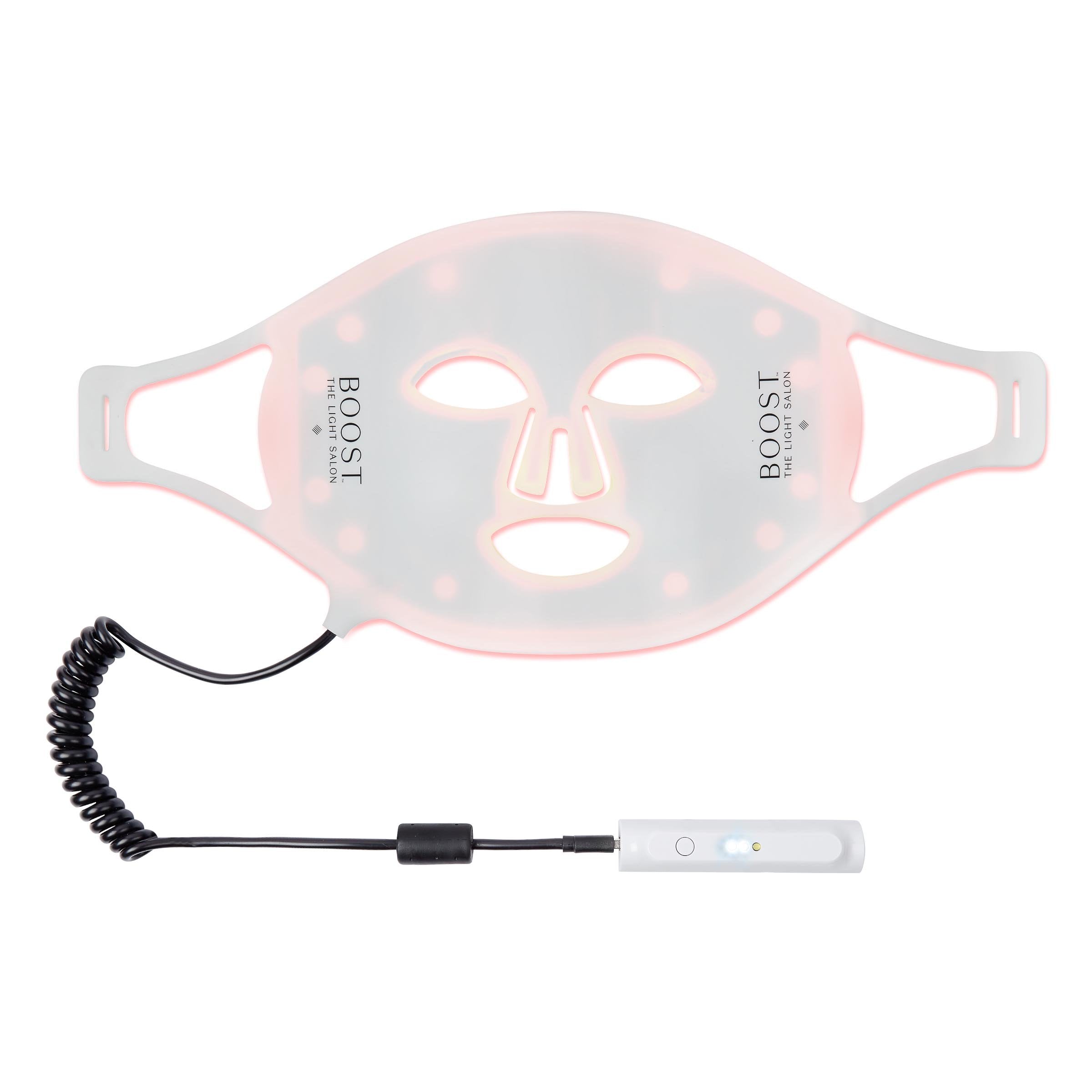 A Boost LED Mask by The Light Salon, a portable skincare device with clinically proven wavelengths to stimulate collagen and elastin synthesis, displayed with a USB charging cable.