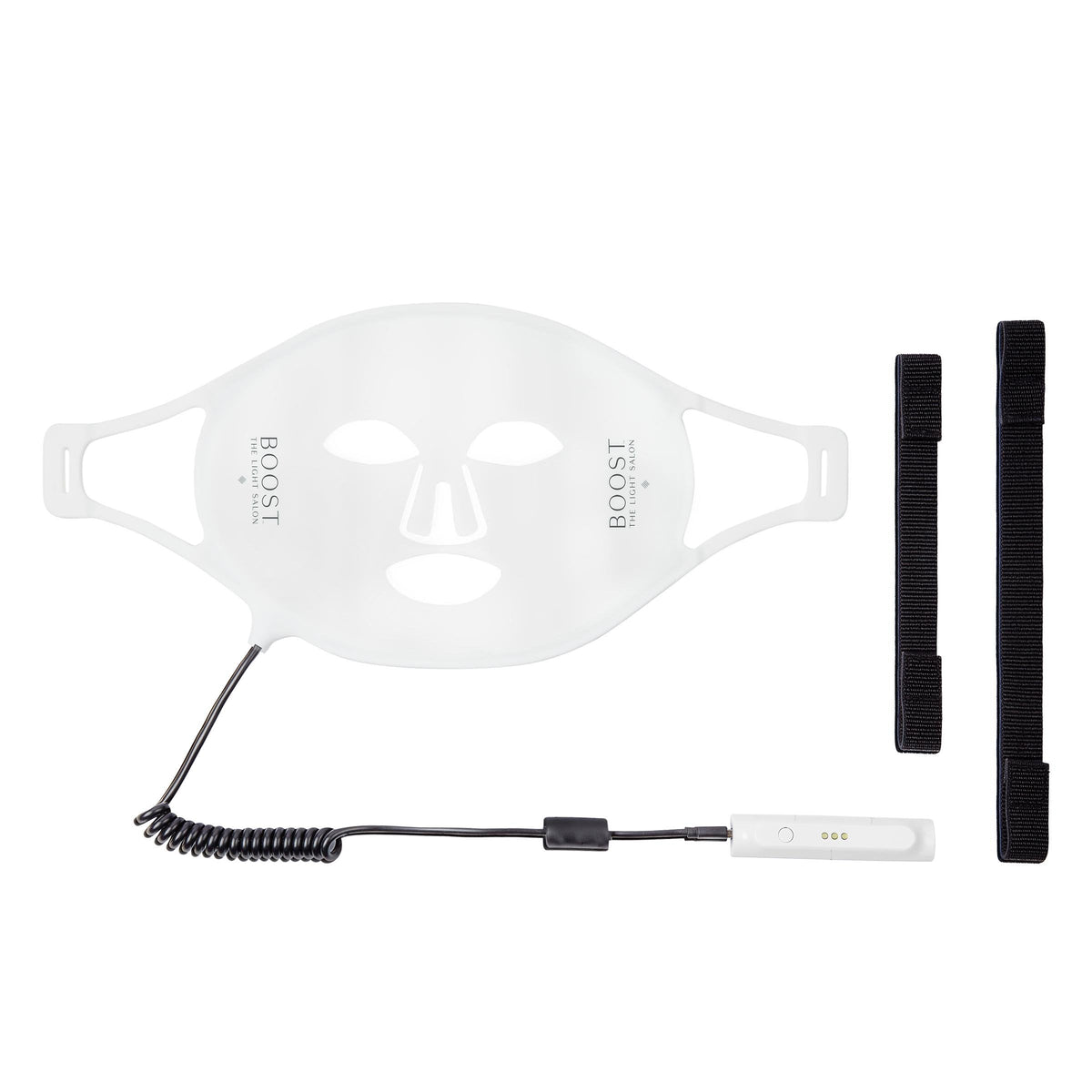 An LED Mask showing the adjustable head straps included shown on a white background