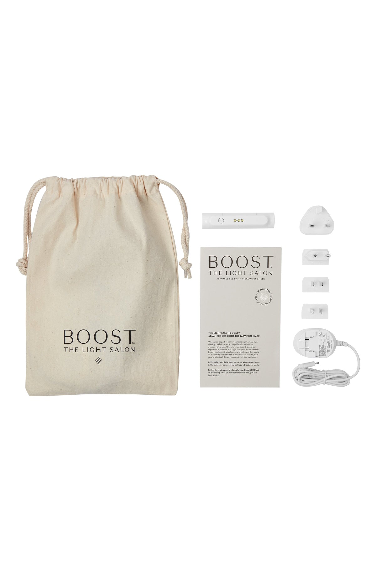 A travel bag, instructions and charging accessories that is included in the LED Mask pack