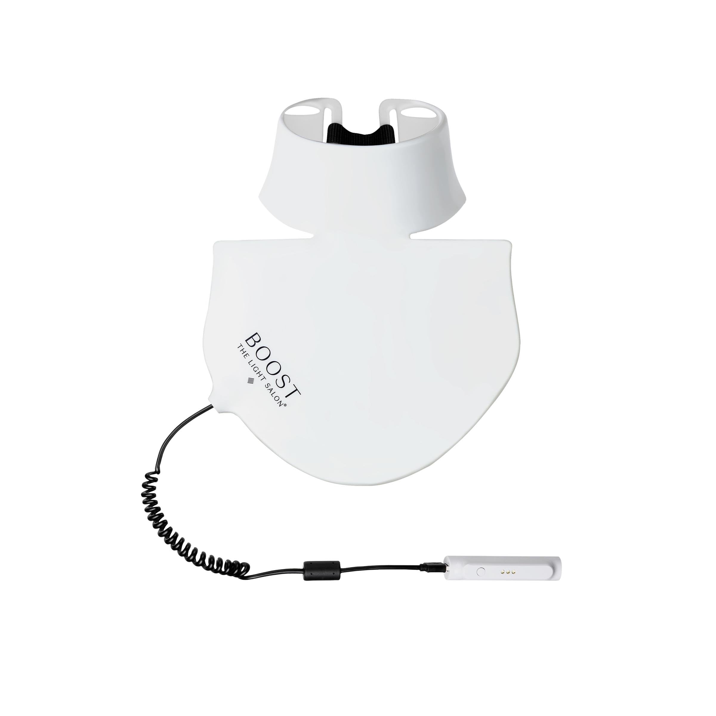 A white LED decolletage bib with a power cord and USB charging port, designed for home care neck and decollete treatment.