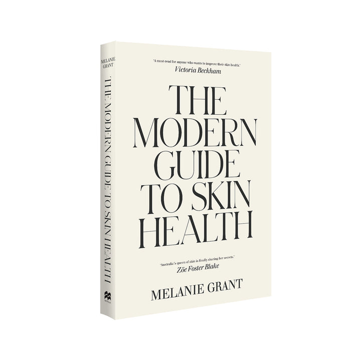 A book cover titled 'The Modern Guide To Skin Health' by Melanie Grant.